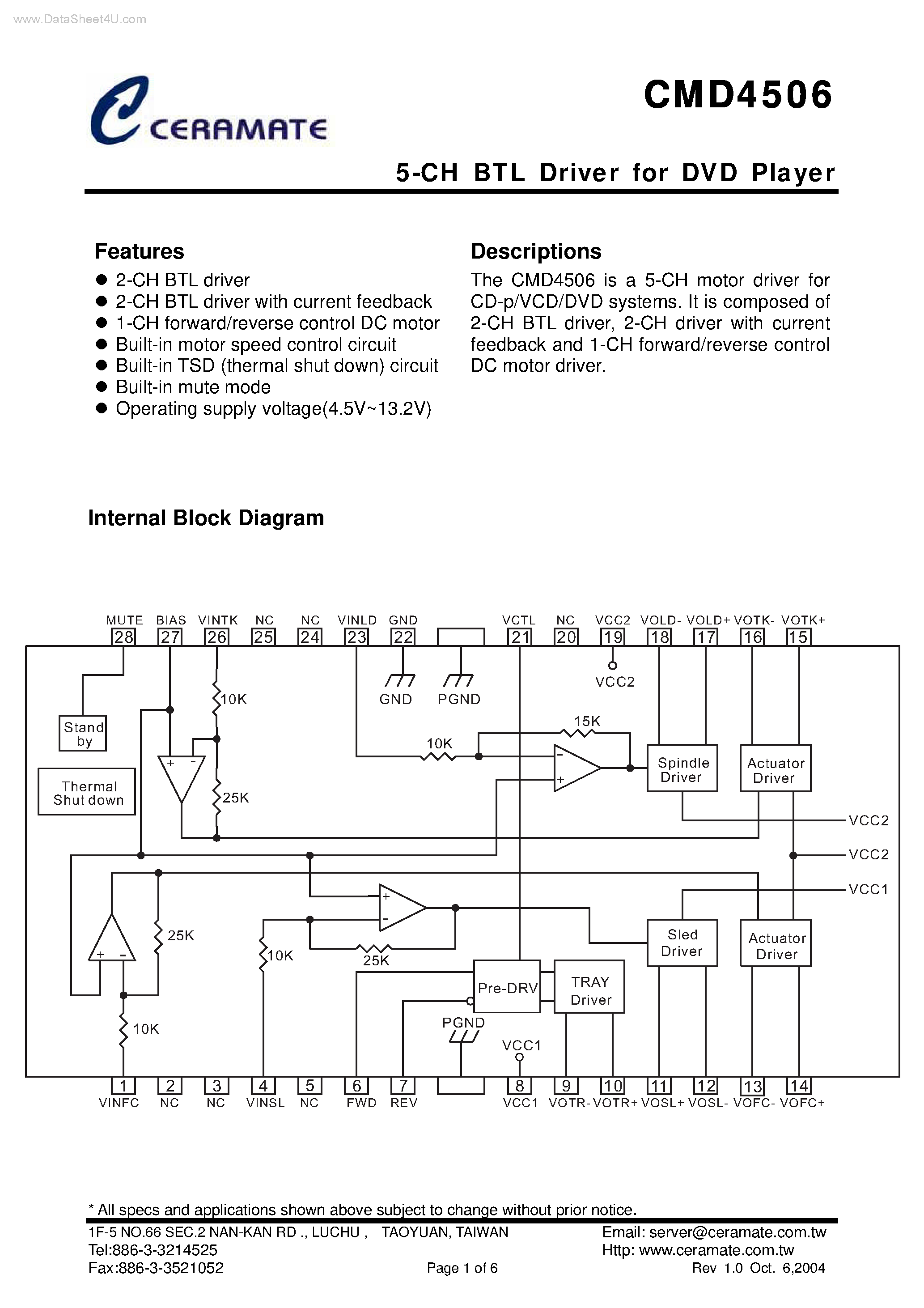 Datasheet CMD4506 - 5-CH BTL Driver page 1