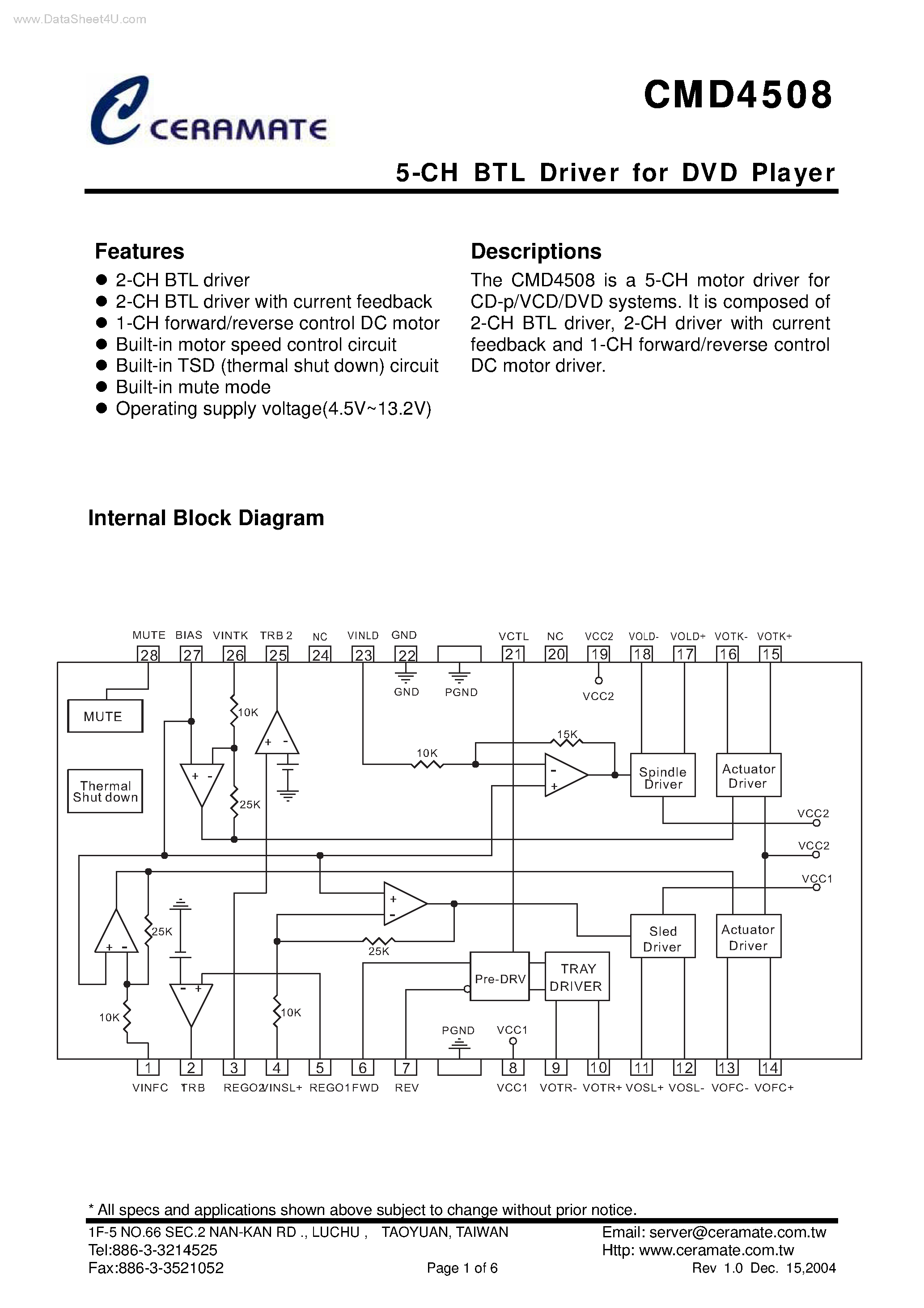Datasheet CMD4508 - 5-CH BTL Driver page 1