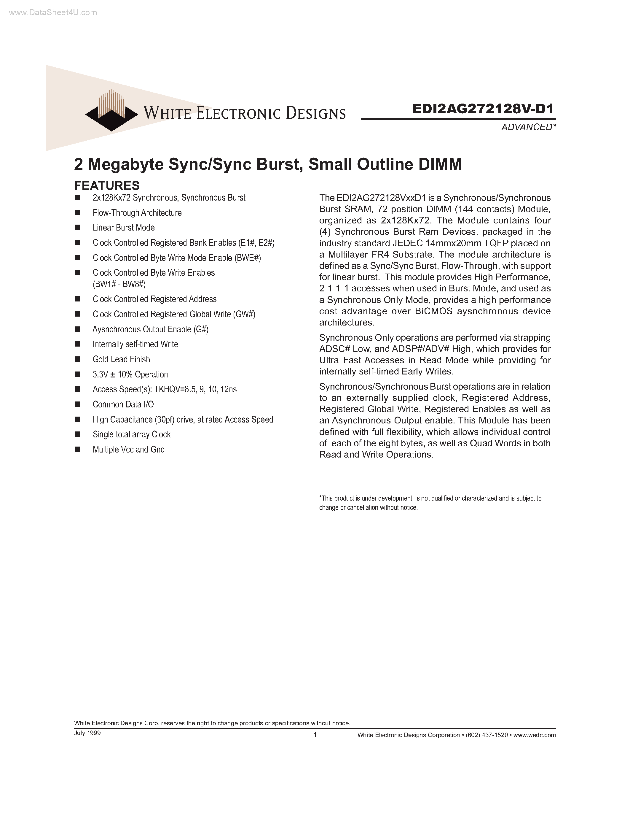 Даташит на микросхему EDI2AG272128V-D1 страница 1 Даташит EDI2AG272128V-D1 - 2 Megabyte Sync/Sync Burst страница 1