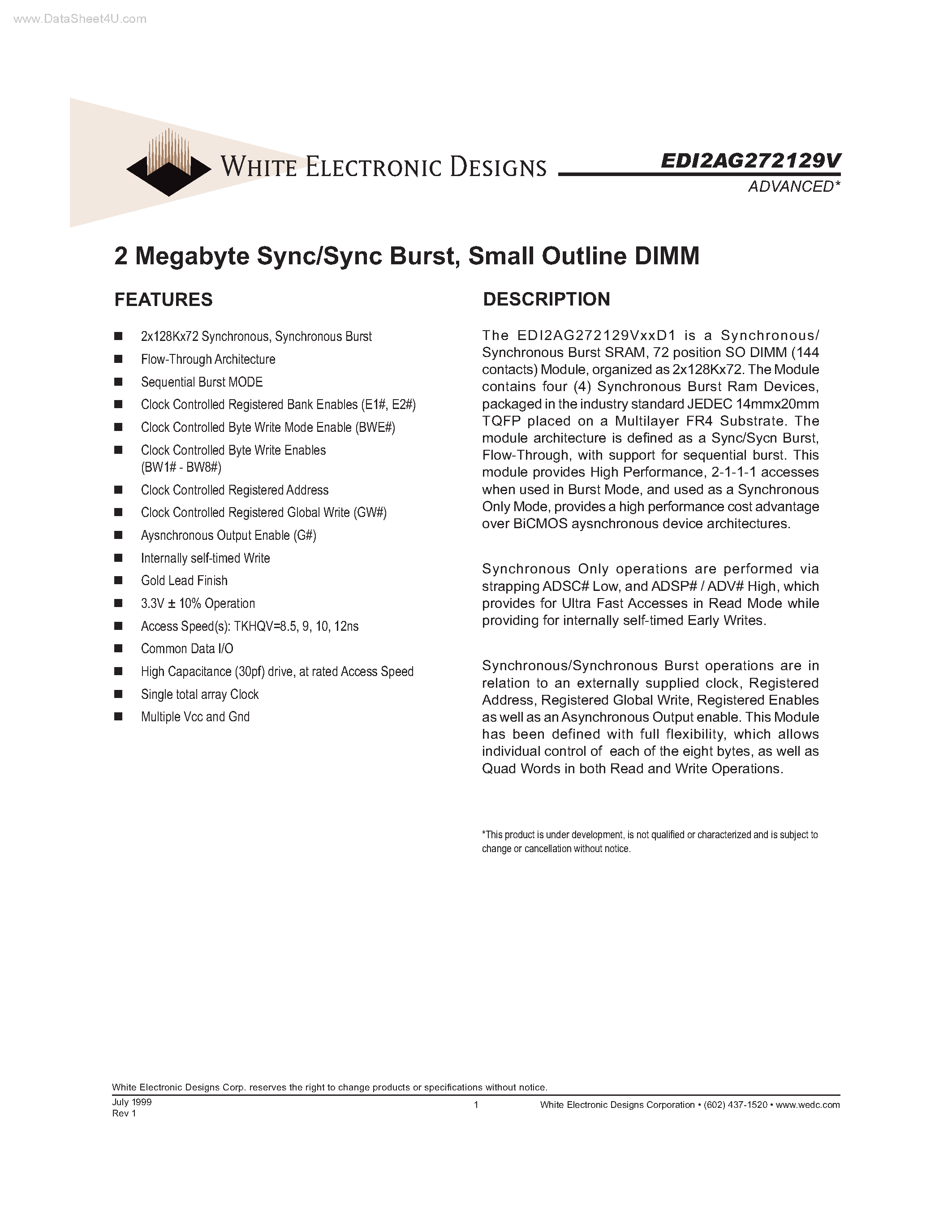 Даташит на микросхему EDI2AG272129V страница 1 Даташит EDI2AG272129V - 2 Megabyte Sync/Sync Burst страница 1