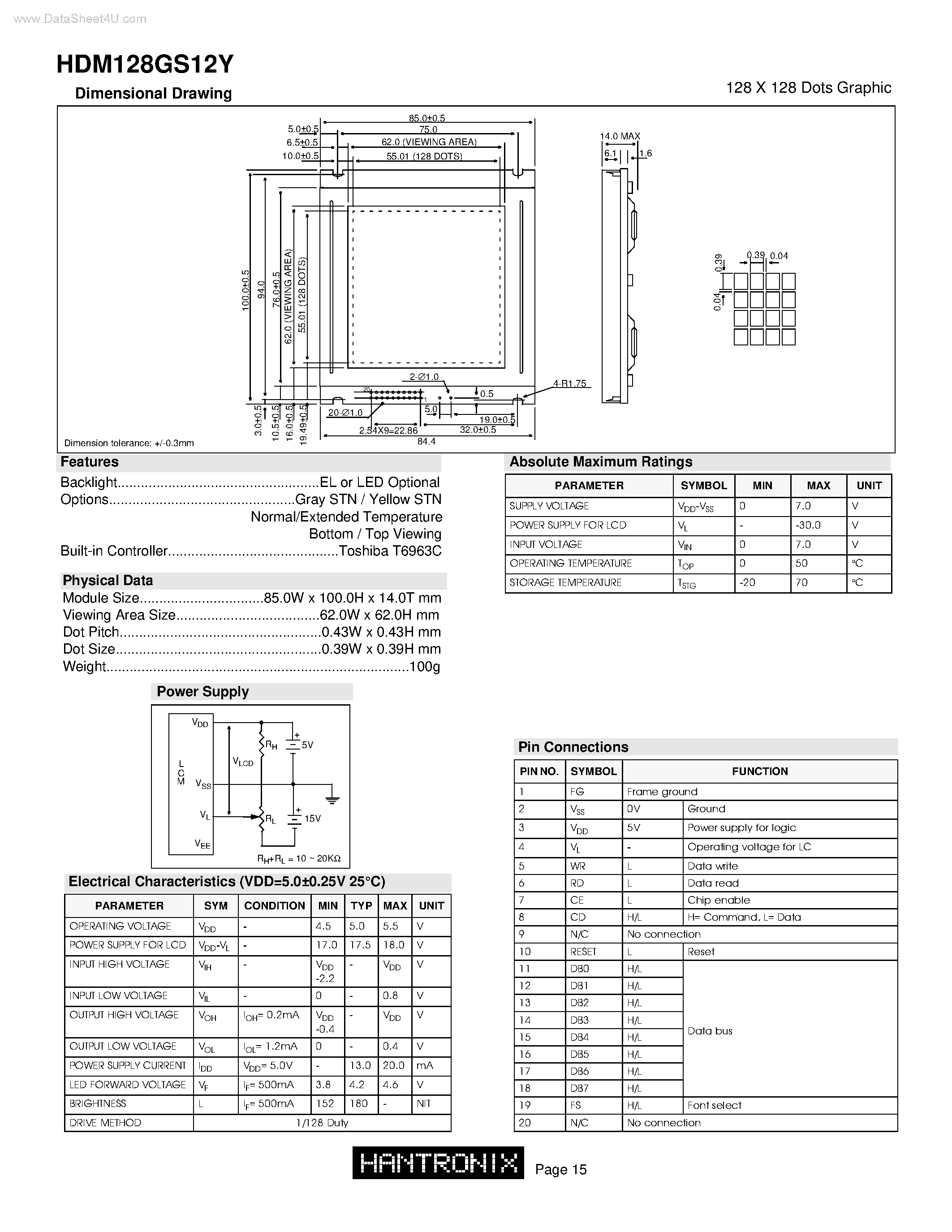 Даташит на микросхему HDM128GS12Y страница 1 Даташит HDM128GS12Y - 128 X 128 Dots Graphic страница 1