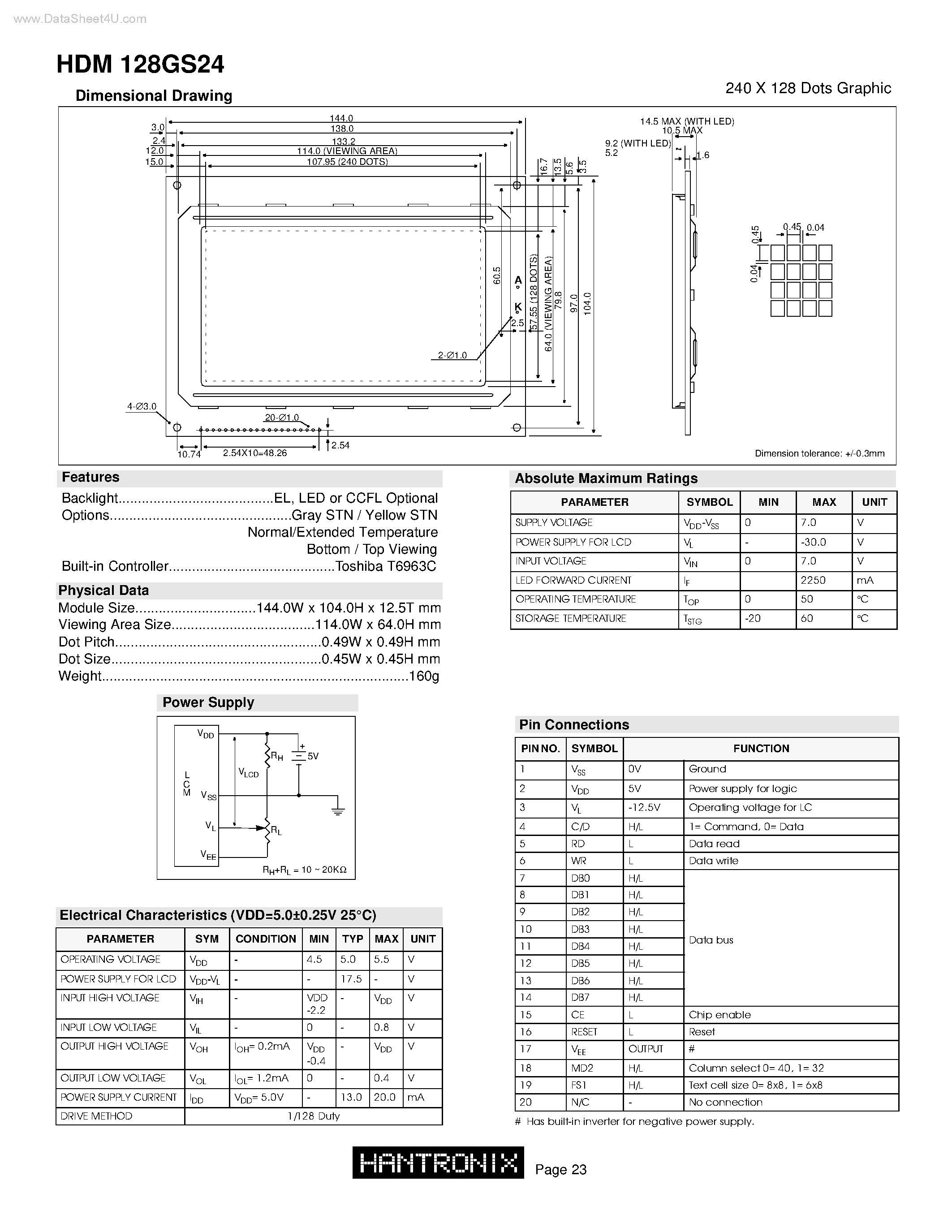 Даташит на микросхему HDM128GS24 страница 1 Даташит HDM128GS24 - 240 X 128 Dots Graphic страница 1