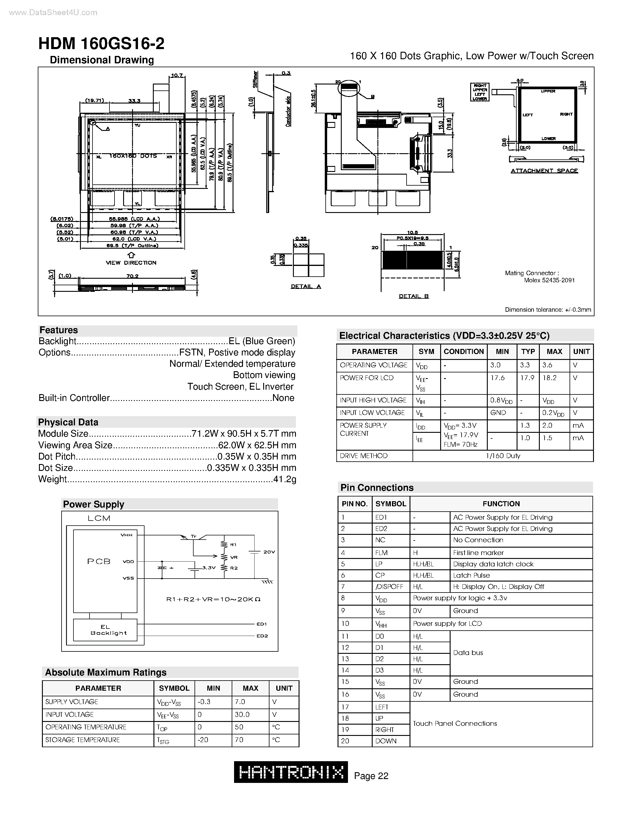 Datasheet HDM160GS16-2 - 160 X 160 Dots Graphic page 1