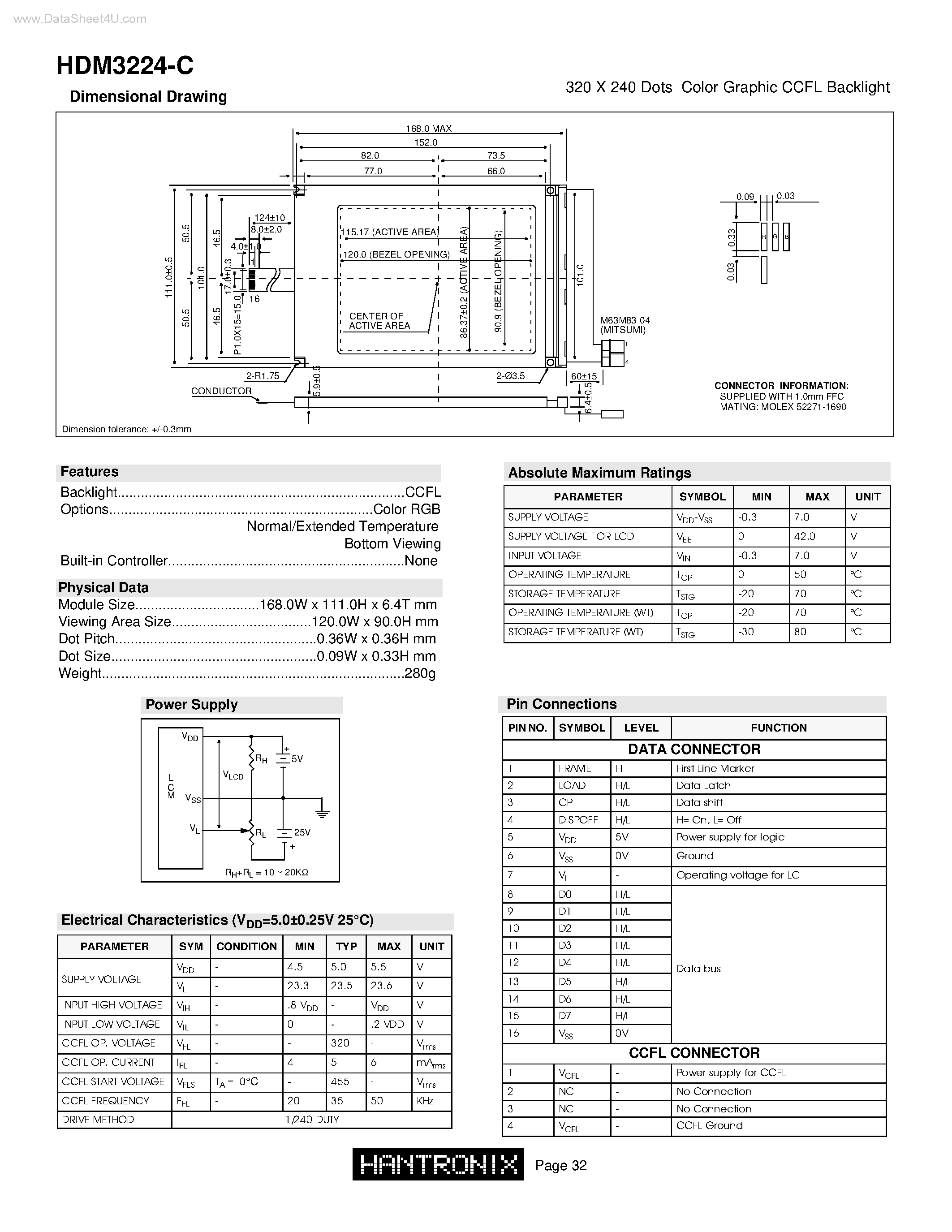Datasheet HDM3224-C page 1 Datasheet HDM3224-C - 320 X 240 Dots Color Graphic CCFL Backlight page 1