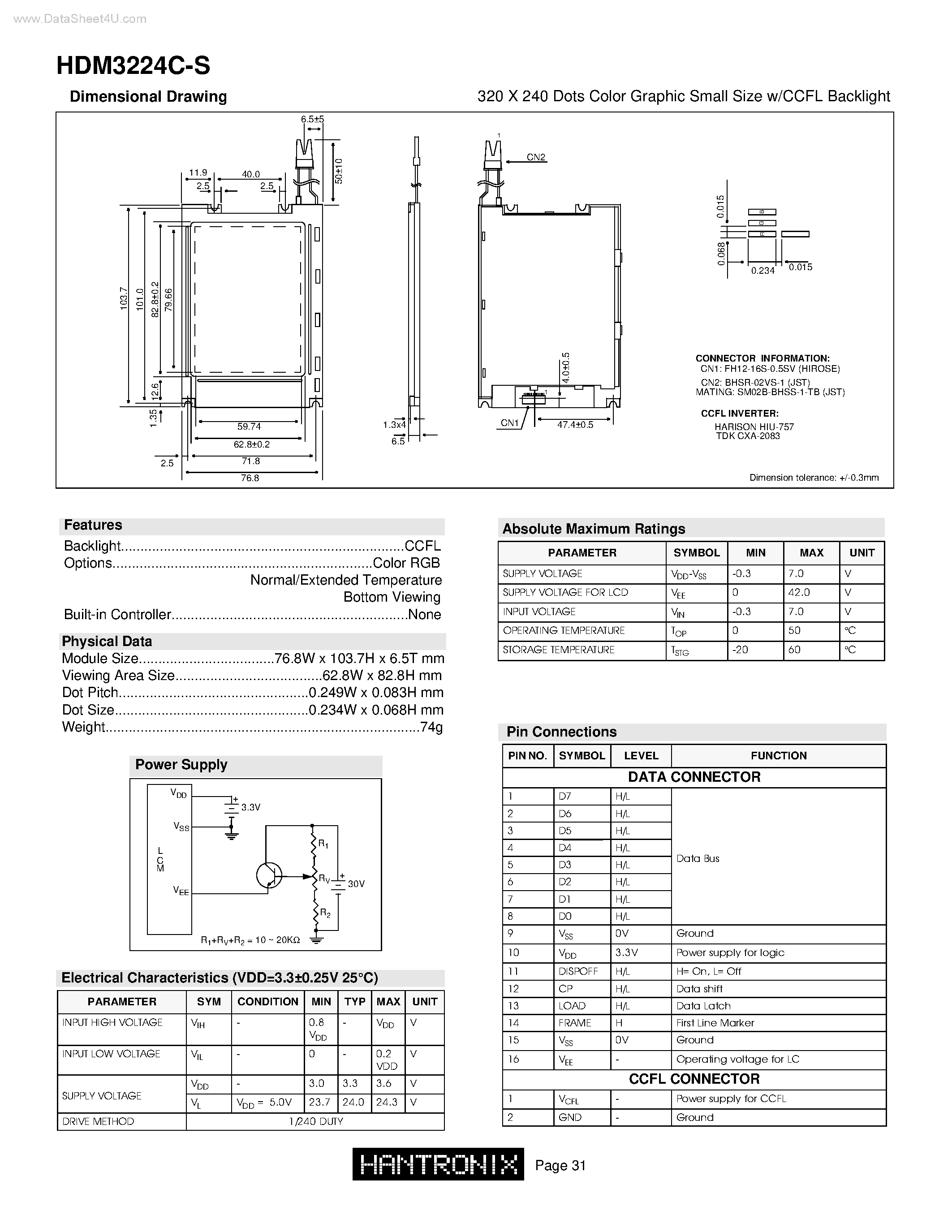 Даташит HDM3224C-S - 320 X 240 Dots Color Graphic Small Size w/CCFL Backlight страница 1
