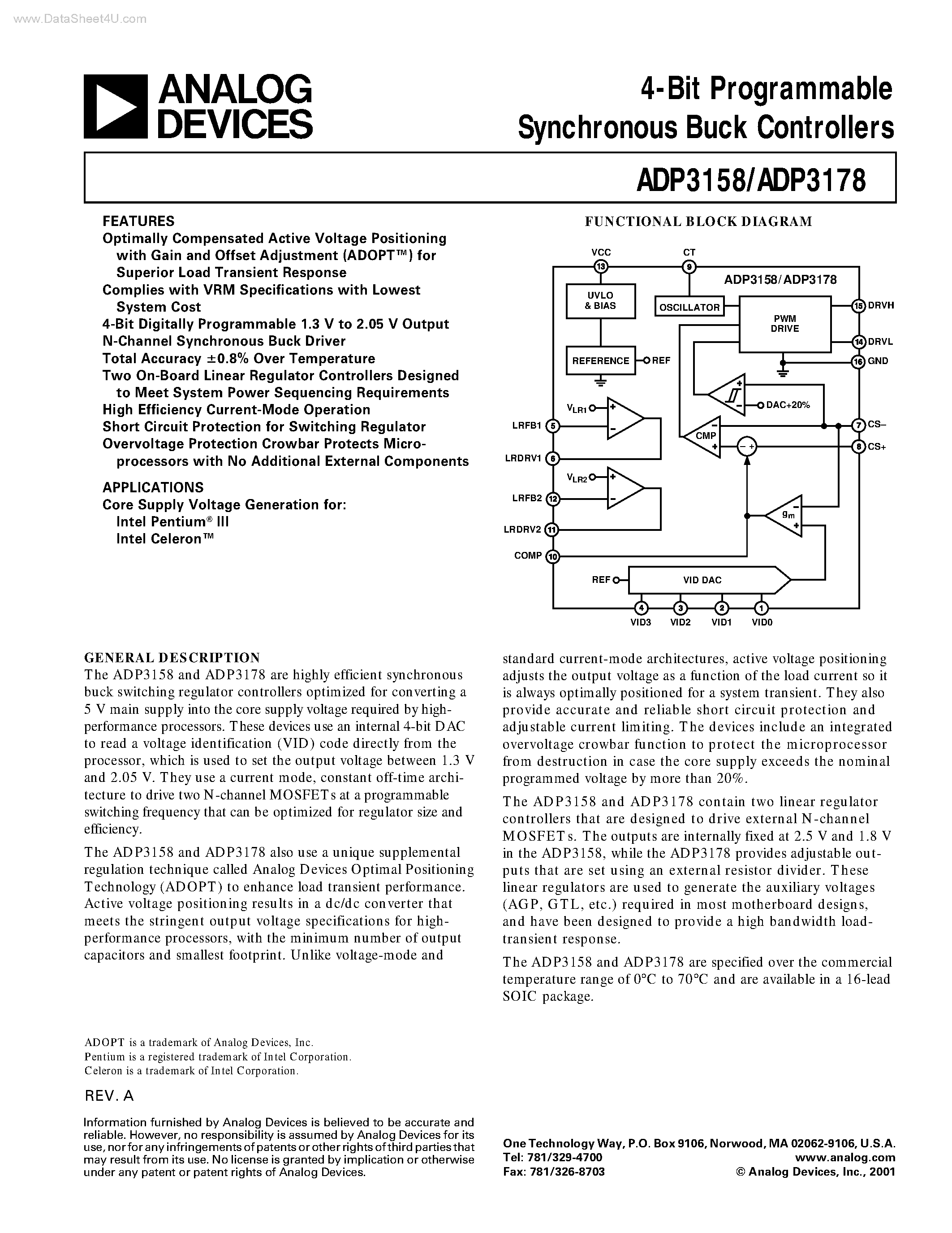 Datasheet ADP3158 page 1 Datasheet ADP3158 - (ADP3158 / ADP3178) 4-Bit Programmable Synchronous Buck Controllers page 1