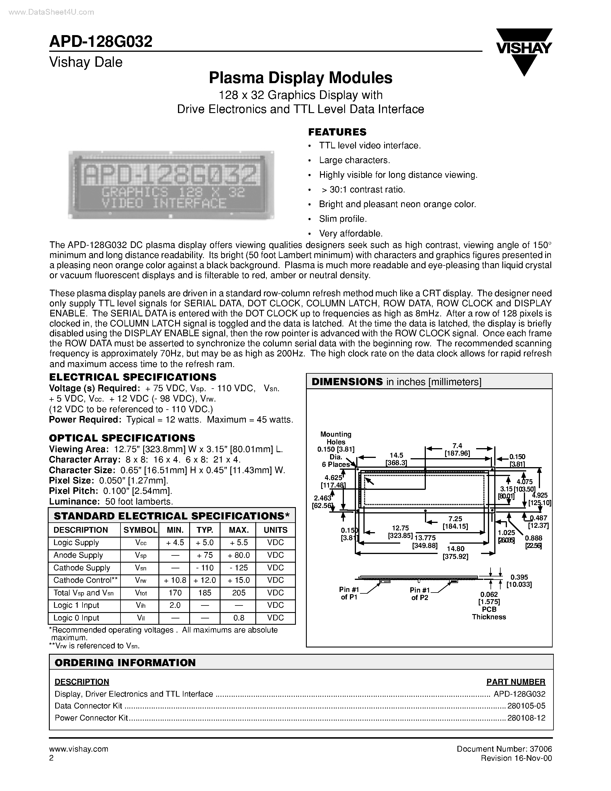Даташит APD-128G032 - Plasma Display Modules 128 x 32 Graphics Display страница 1