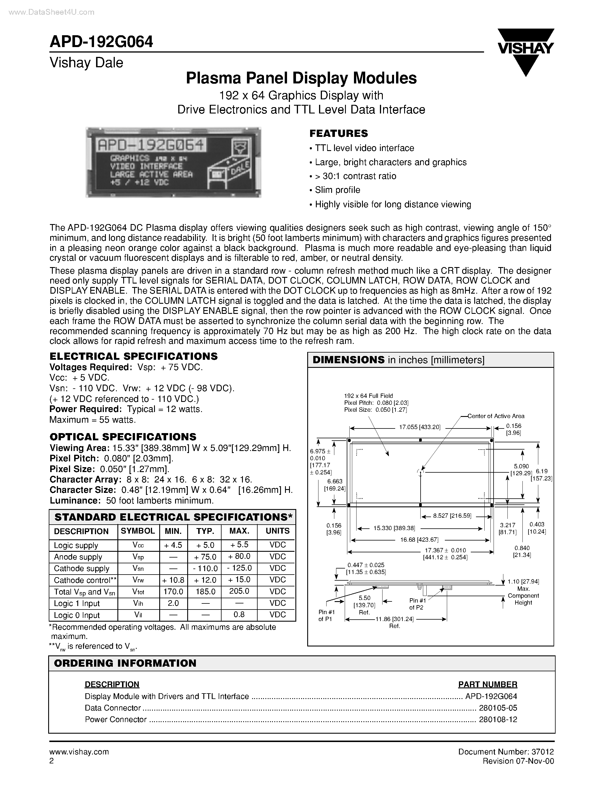 Даташит APD-192G064 - Plasma Panel Display Modules 192 x 64 Graphics Display страница 1