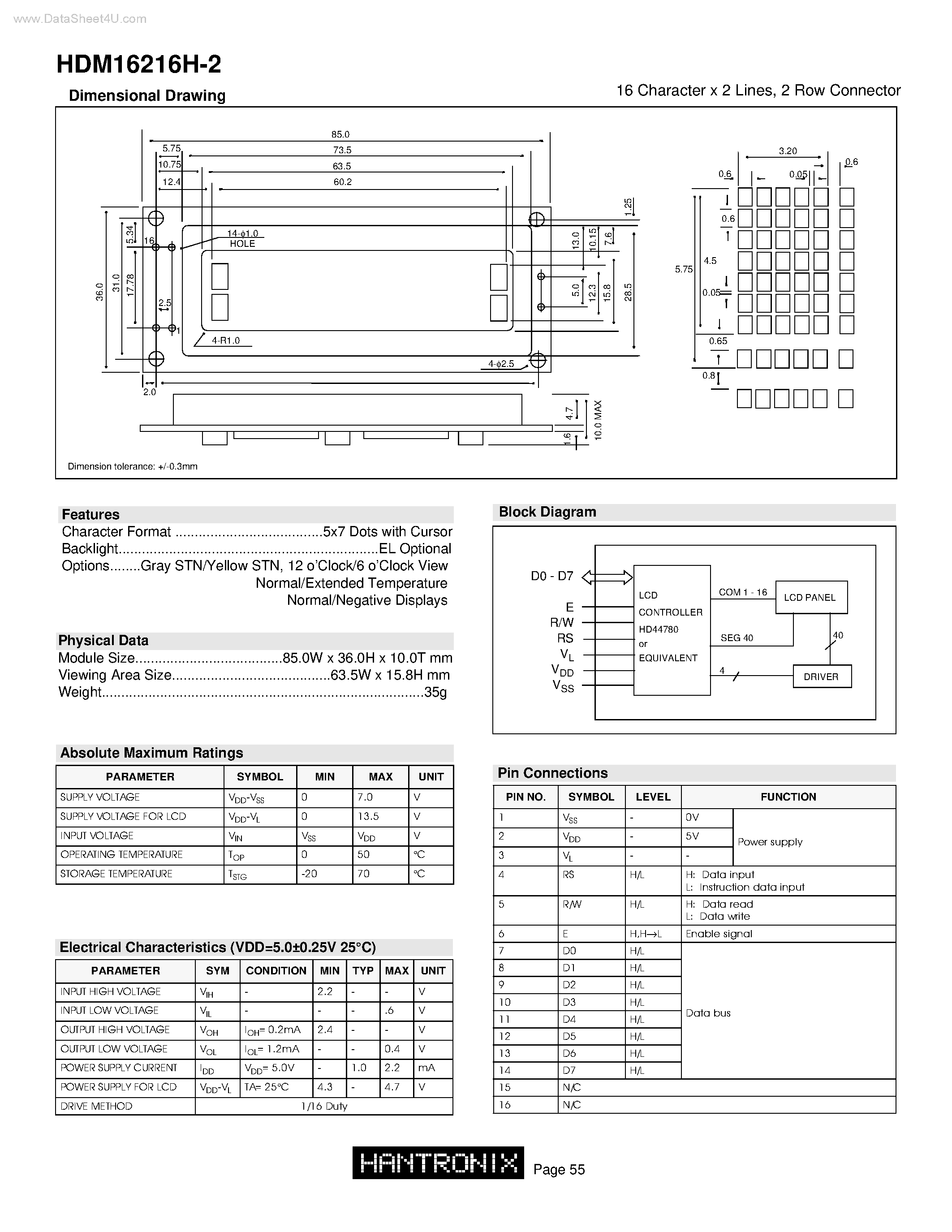 Datasheet HDM16216H-2 - 16 Character x 2 Lines page 1