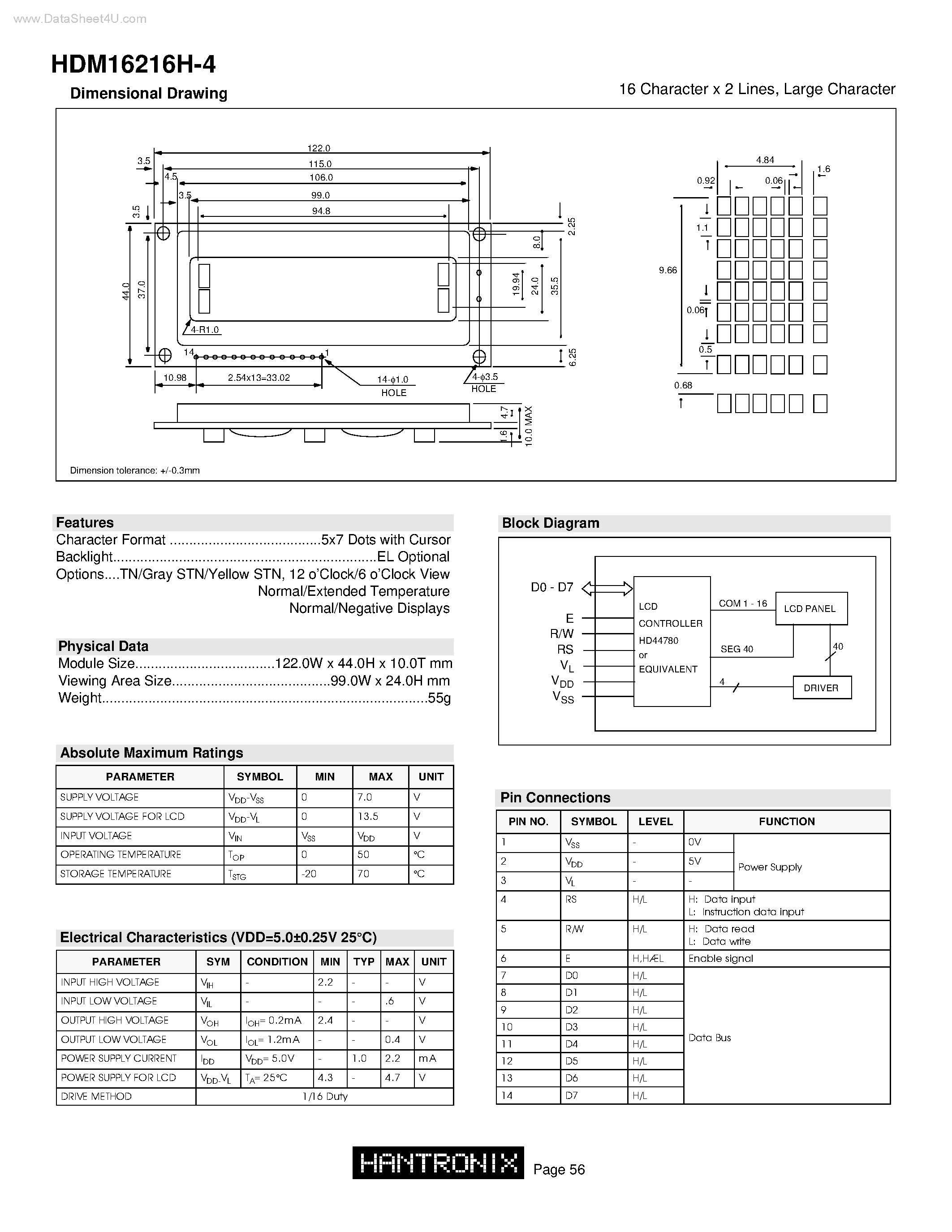 Datasheet HDM16216H-4 page 1 Datasheet HDM16216H-4 - 16 Character x 2 Lines page 1