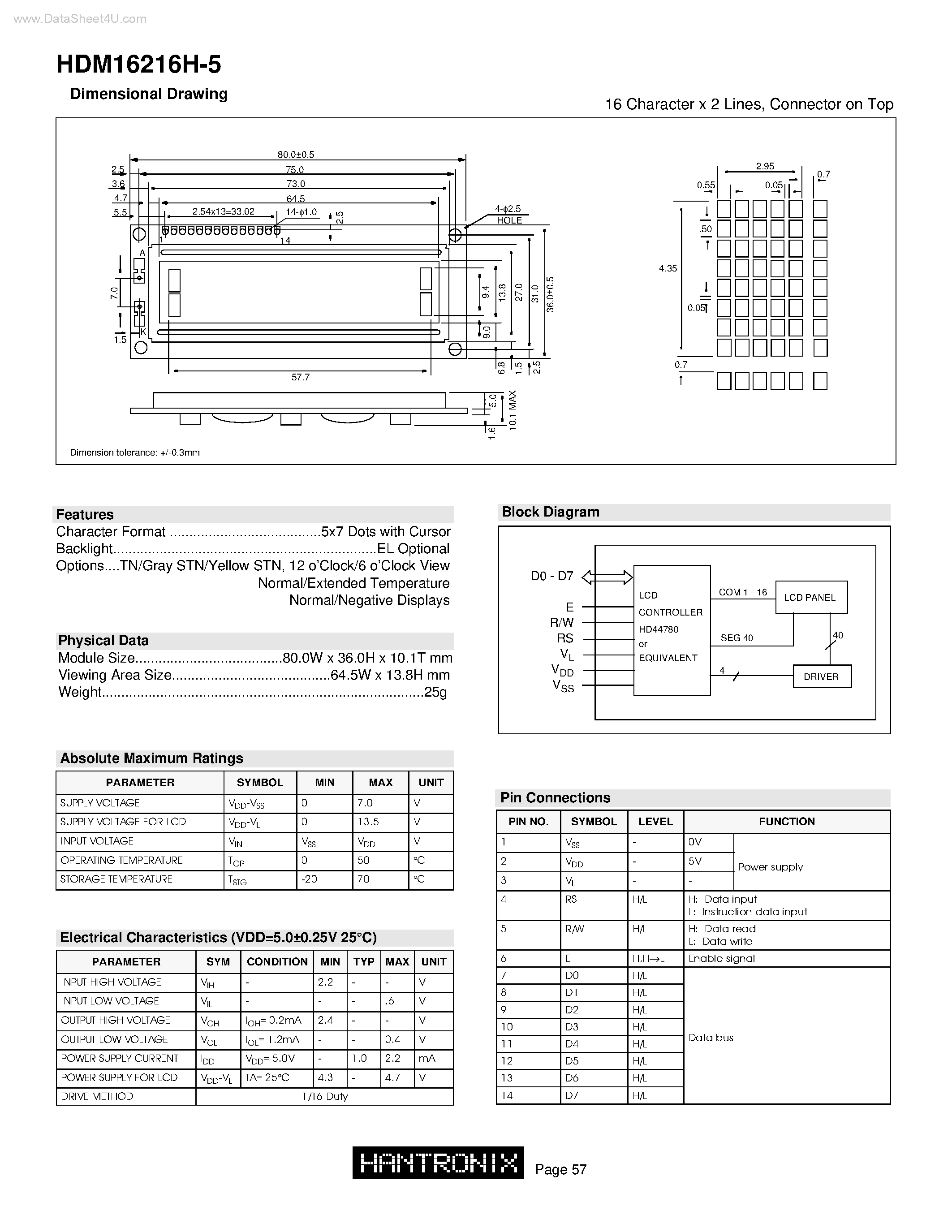 Datasheet HDM16216H-5 - 16 Character x 2 Lines page 1