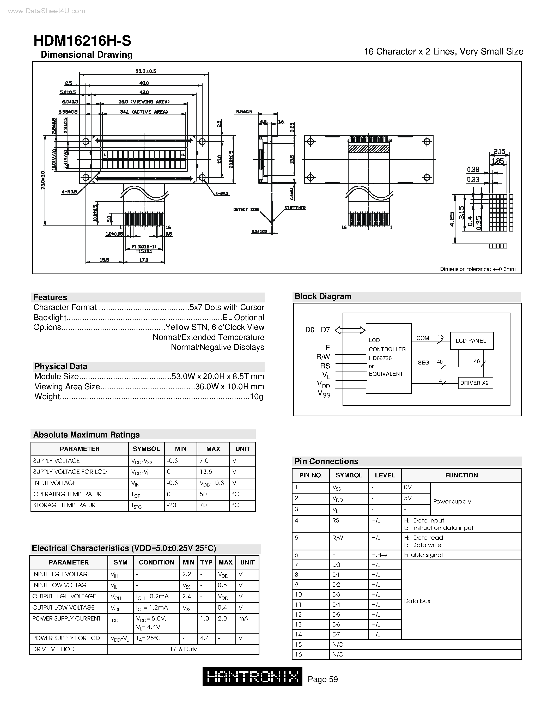 Datasheet HDM16216H-S - 16 Character x 2 Lines page 1