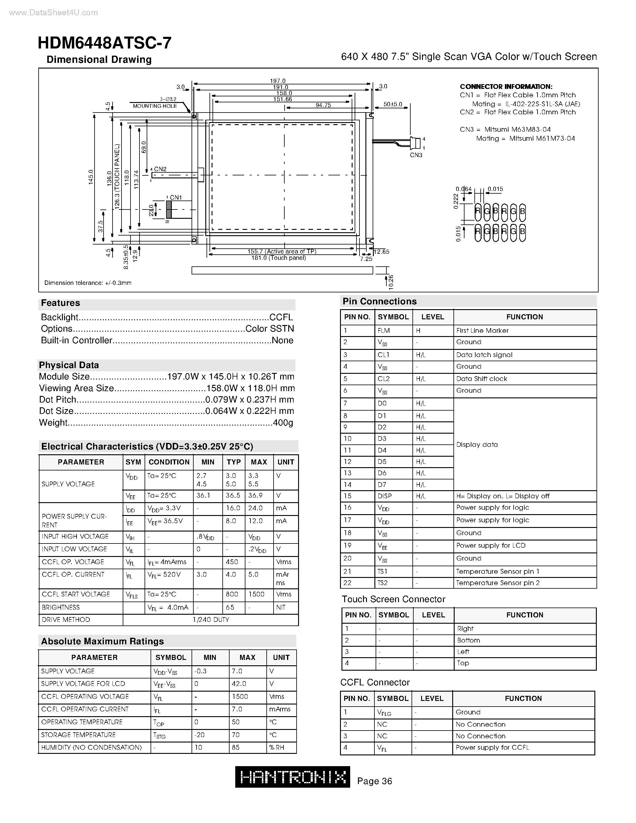 Даташит HDM6448ATSC-7 - 640 X 480 7.5 Single Scan VGA Color w/Touch Screen страница 1
