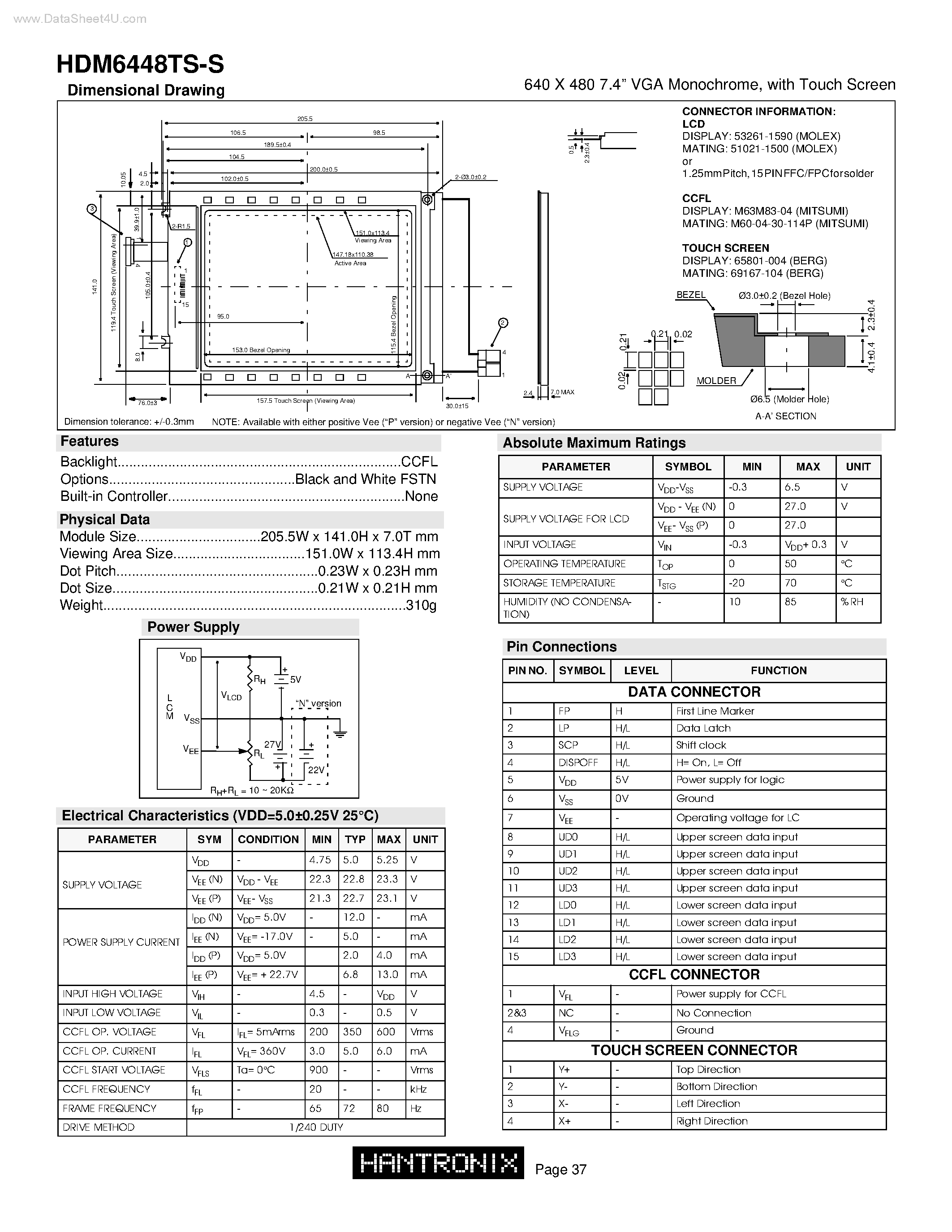Datasheet HDM6448TS-S - 640 X 480 7.4 VGA Monochrome page 1