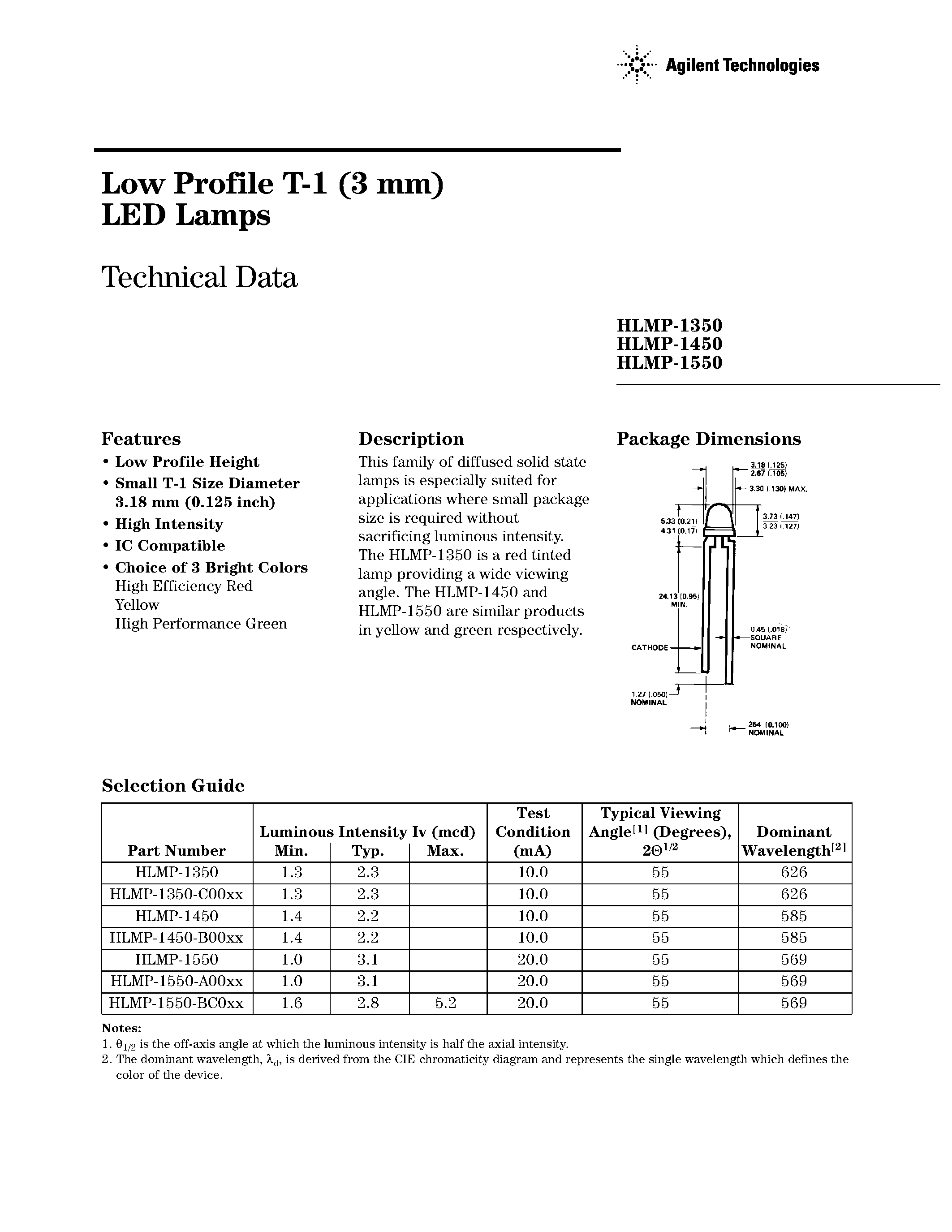 Datasheet HLMP-1250 - (HLMP-1x50) Low Profile T-1 (3 mm) LED Lamps page 1
