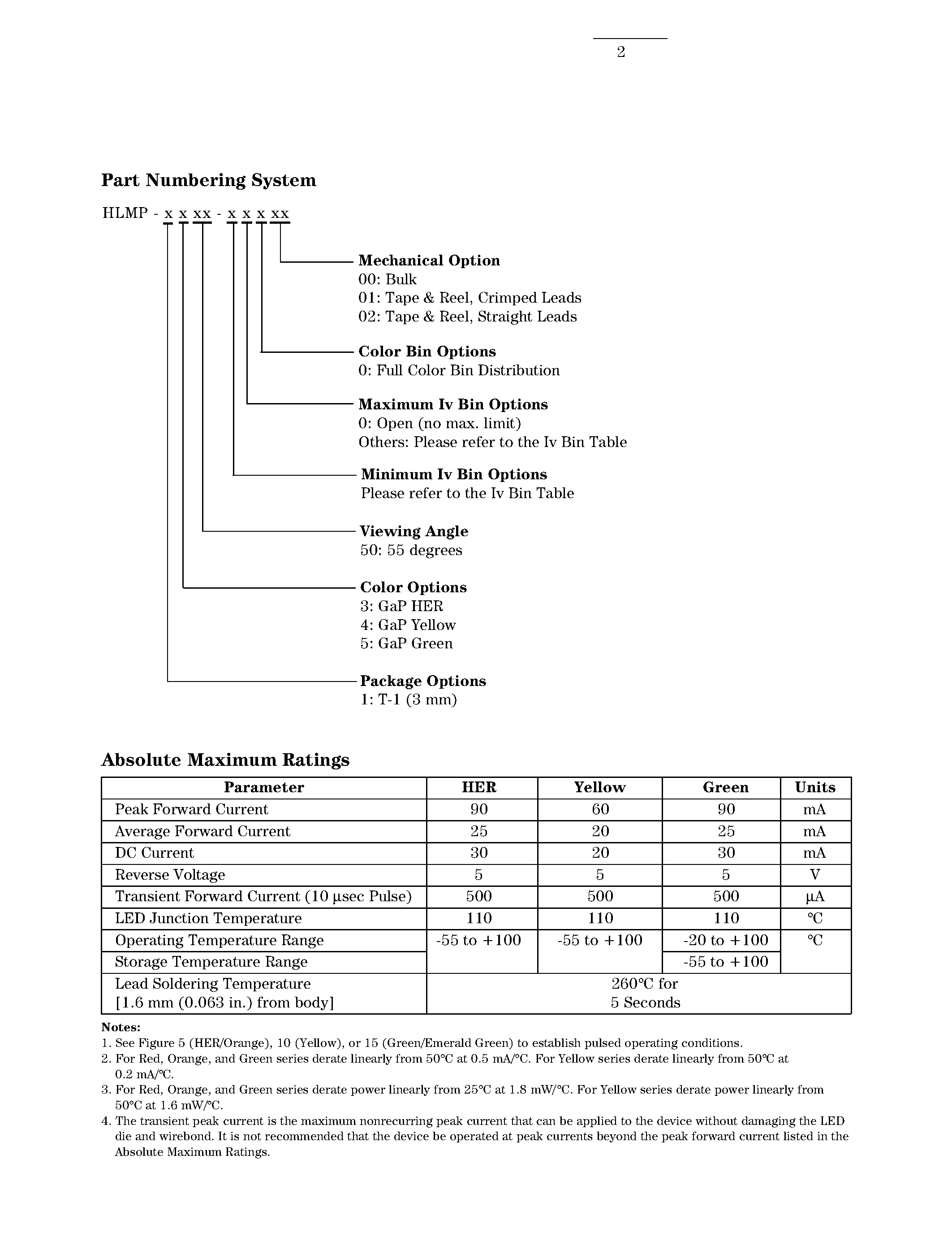 Datasheet HLMP-1250 - (HLMP-1x50) Low Profile T-1 (3 mm) LED Lamps page 2