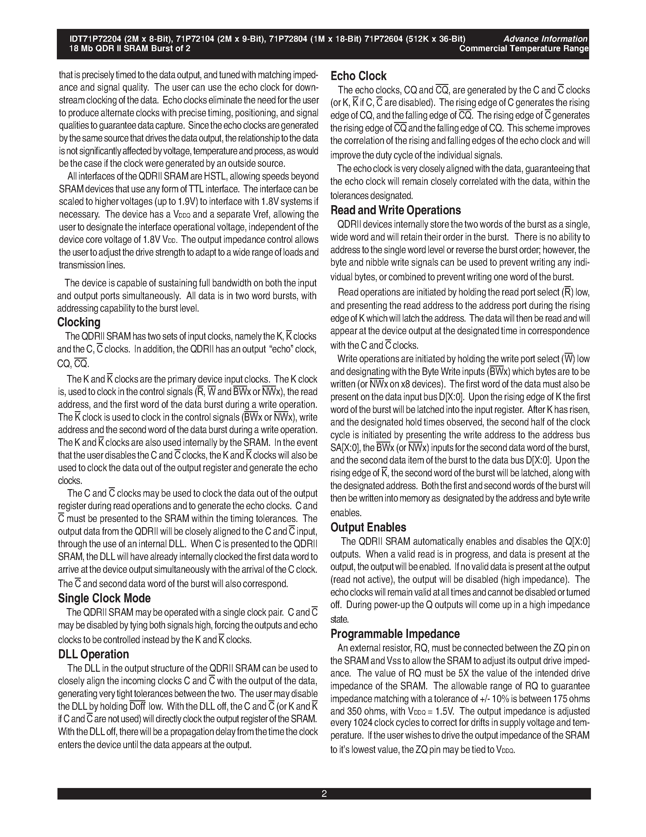 Datasheet IDT71P72104 - (IDT71P72x04) 18Mb Pipelined QDRII SRAM Burst of 2 page 2