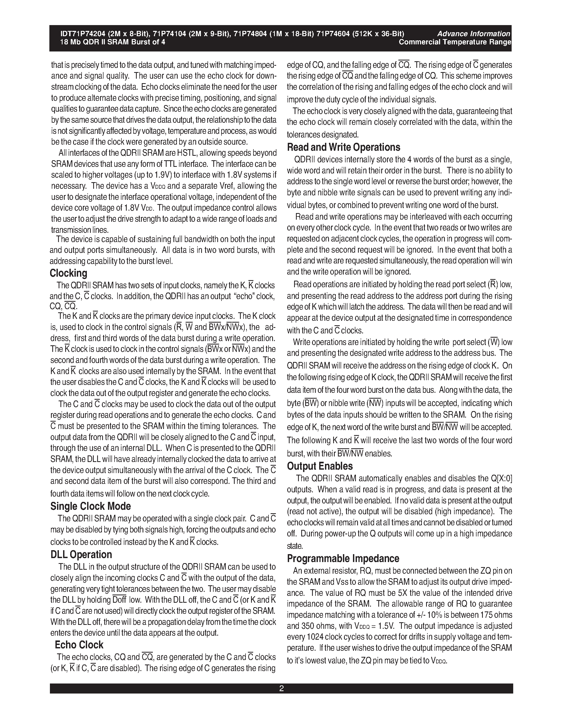 Даташит IDT71P74104 - (IDT71P74x04) 18Mb Pipelined QDR II SRAM Burst of 4 страница 2