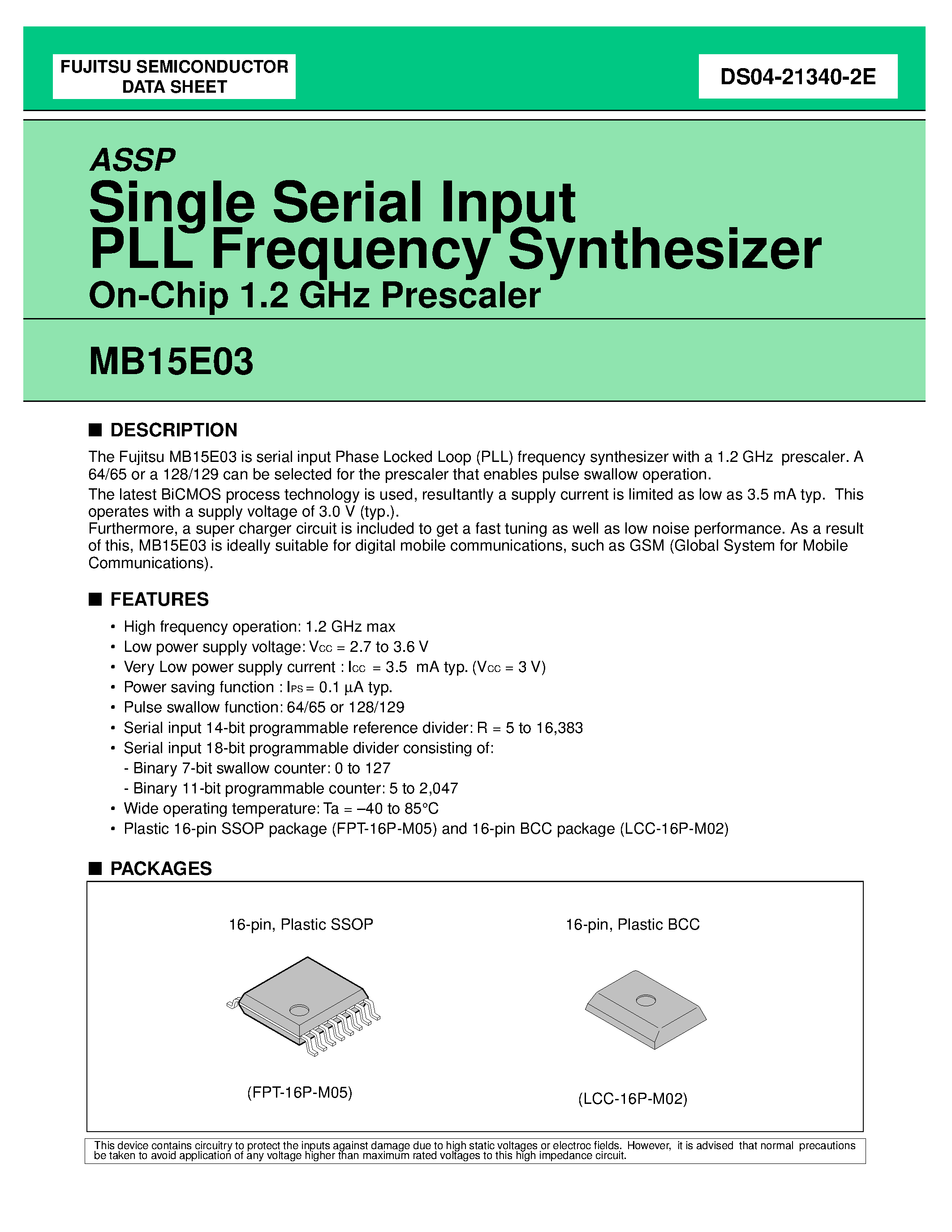 Datasheet MB15E03 - Single Serial Input PLL Frequency Synthesizer On-Chip 1.2 GHz Prescaler page 1