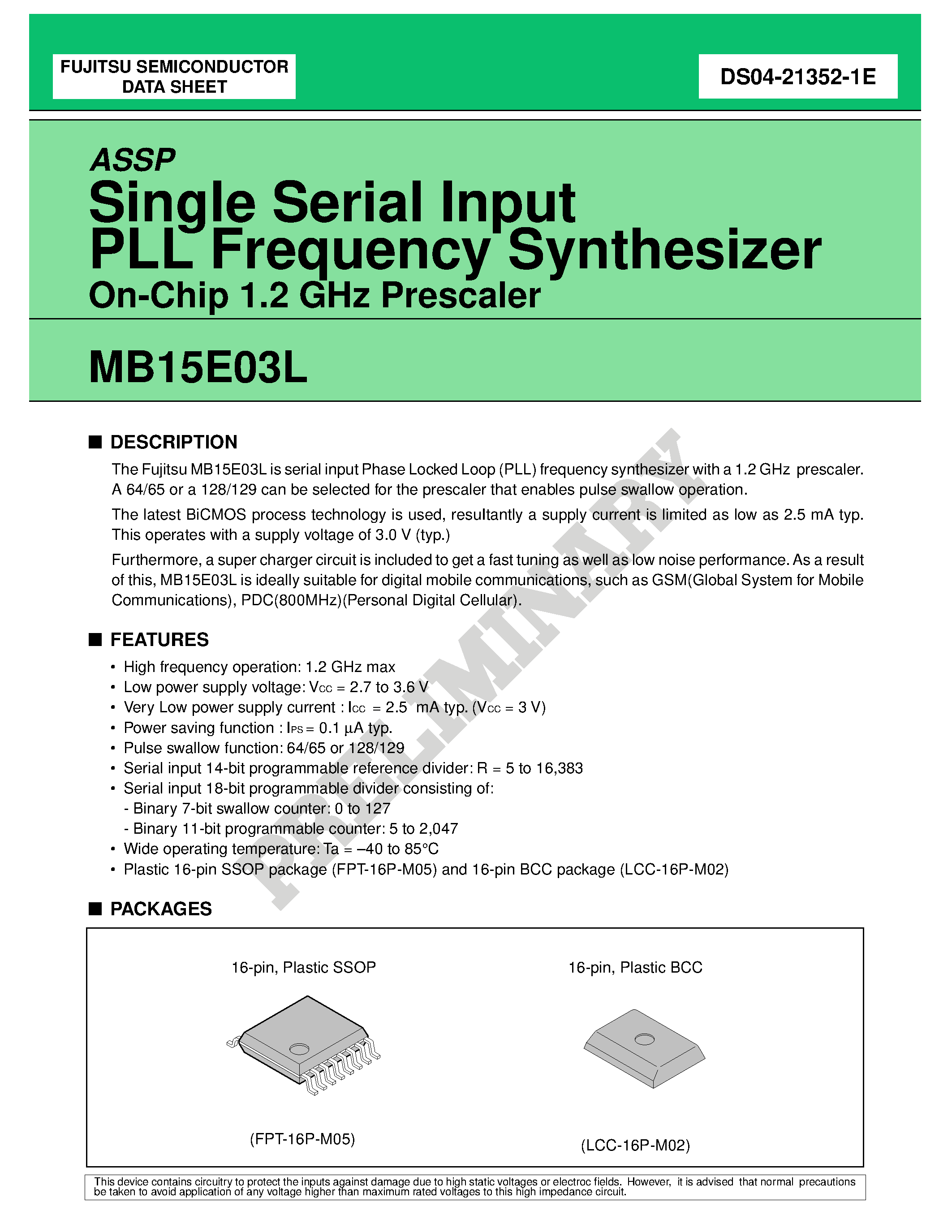 Datasheet MB15E03L - Single Serial Input PLL Frequency Synthesizer On-Chip 1.2 GHz Prescaler page 1
