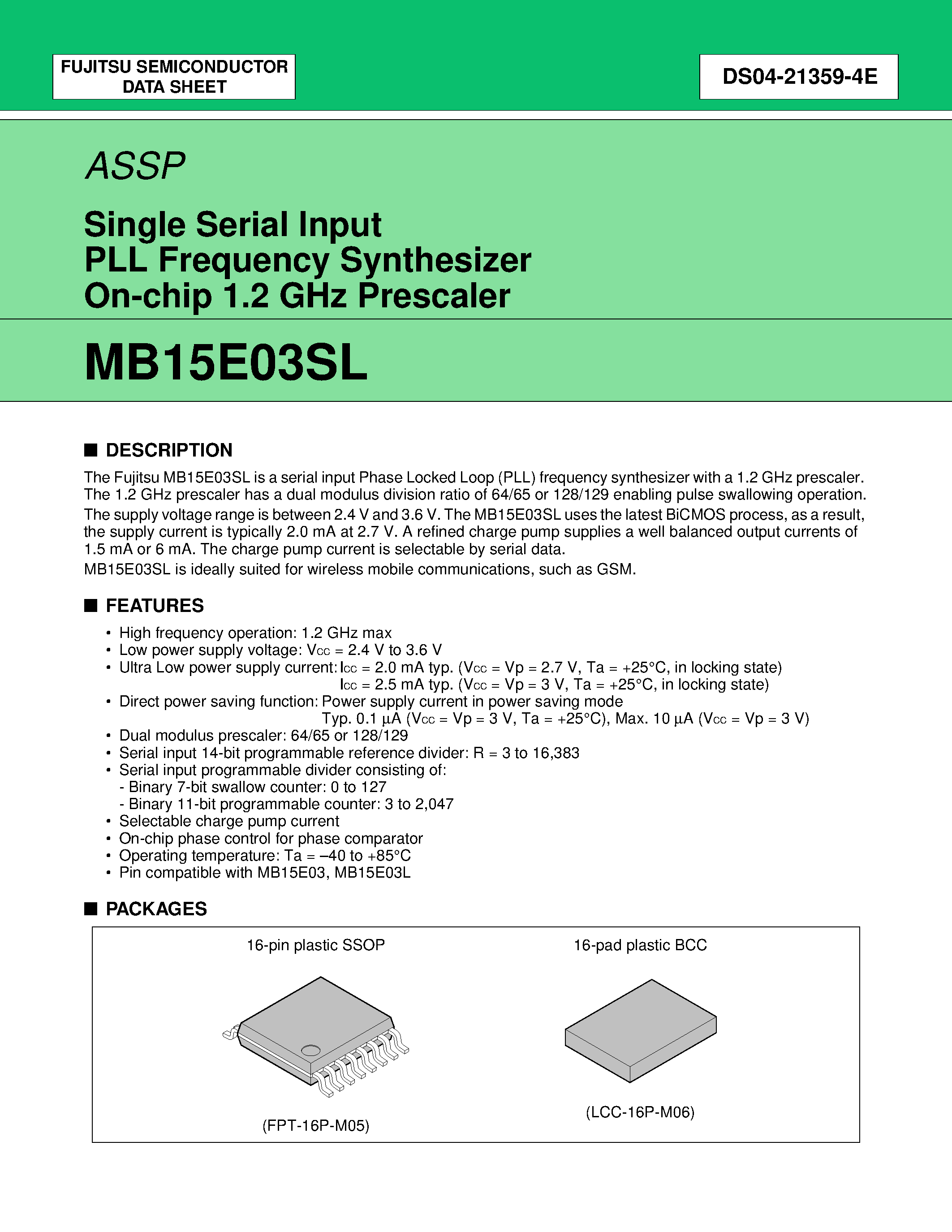 Datasheet MB15E03SL - Single Serial Input PLL Frequency Synthesizer On-Chip 1.2 GHz Prescaler page 1