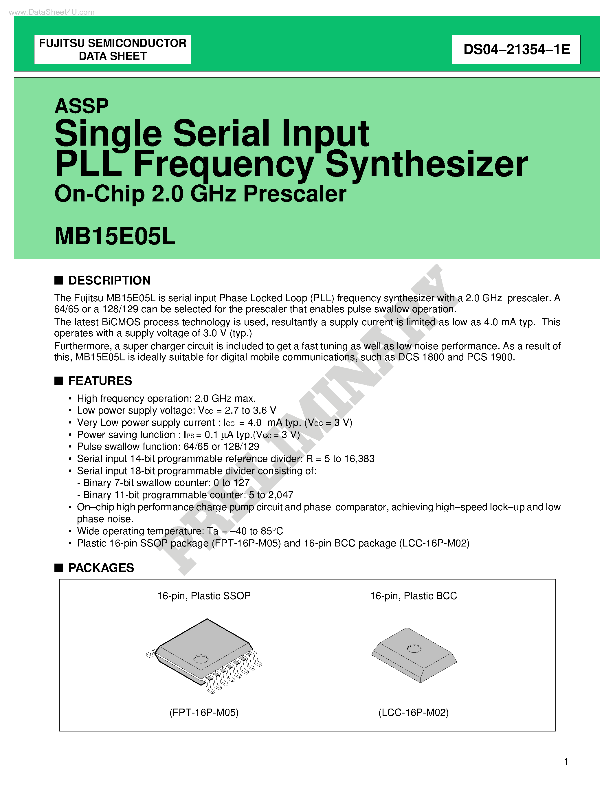 Datasheet MB15E05L - Single Serial Input PLL Frequency Synthesizer On-Chip 1.2 GHz Prescaler page 1
