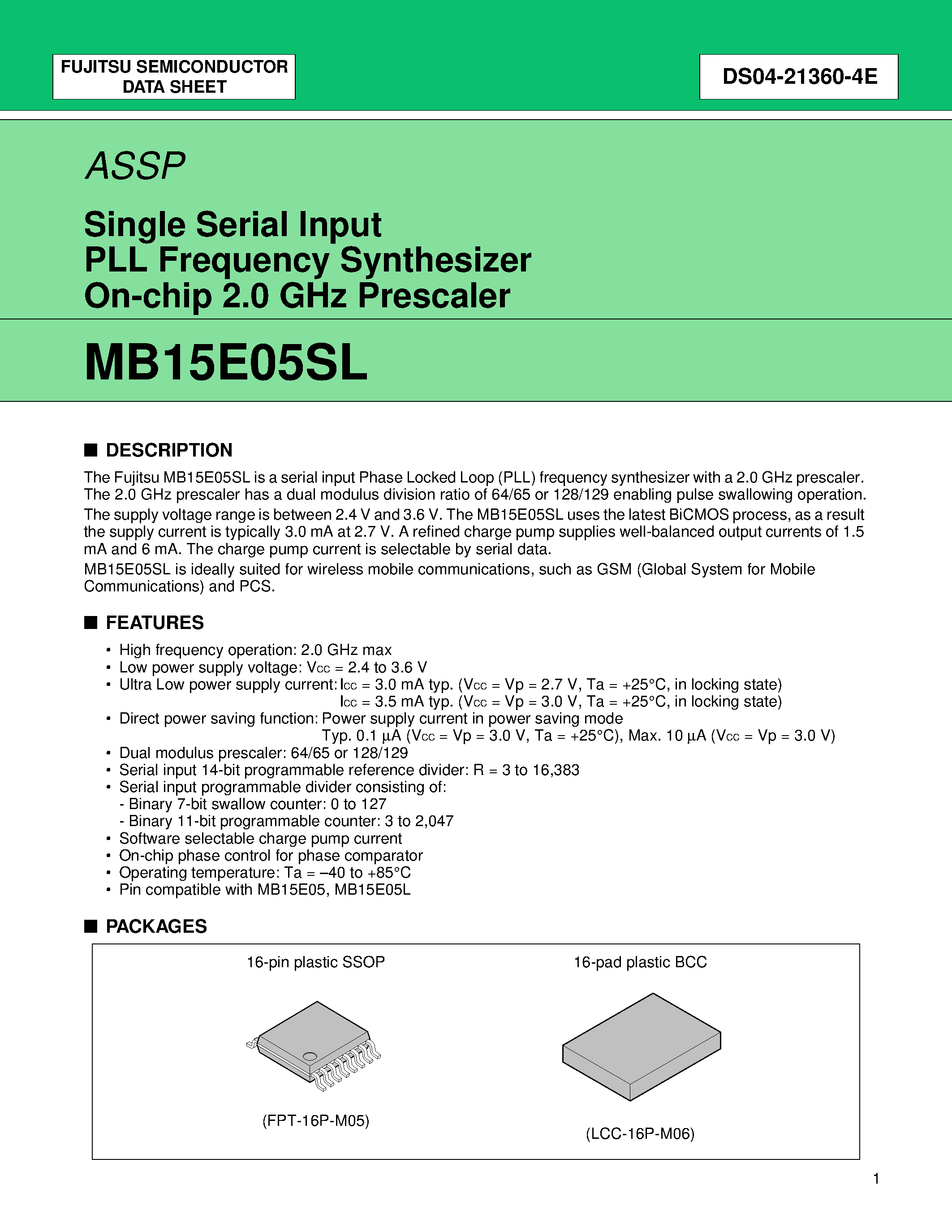 Datasheet MB15E05SL - Single Serial Input PLL Frequency Synthesizer On-Chip 2.0 GHz Prescaler page 1