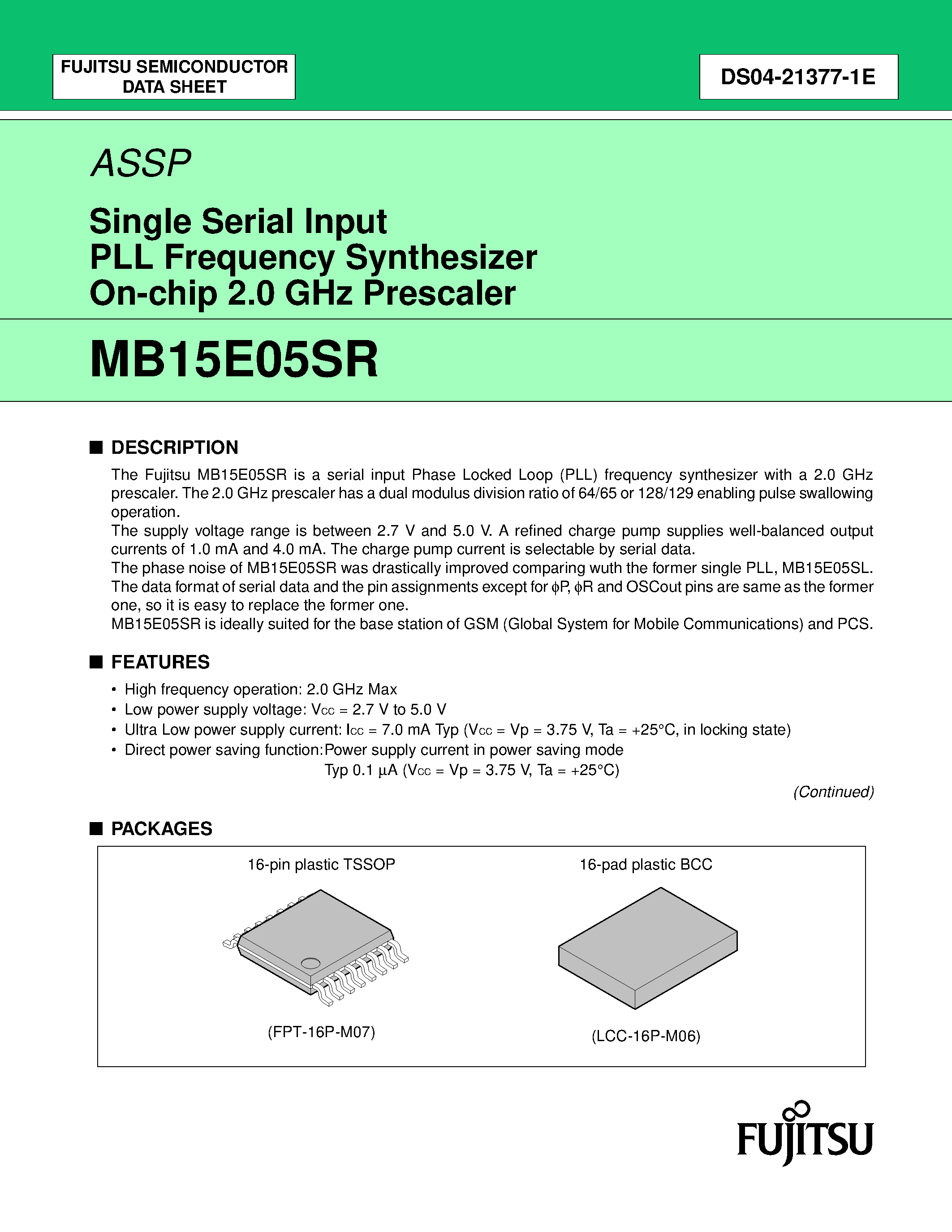 Datasheet MB15E05SR - Single Serial Input PLL Frequency Synthesizer On-chip 2.0 GHz Prescaler page 1