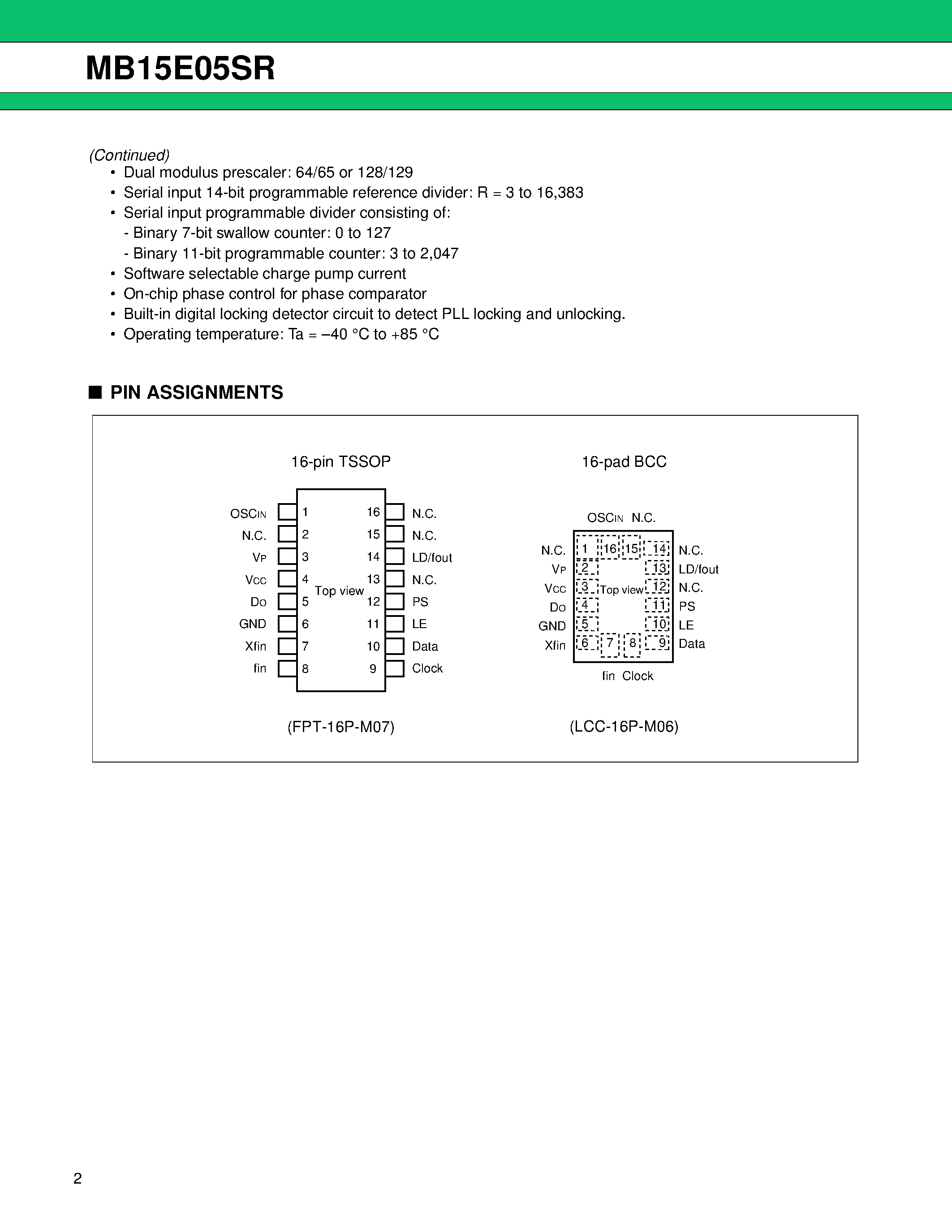 Datasheet MB15E05SR - Single Serial Input PLL Frequency Synthesizer On-chip 2.0 GHz Prescaler page 2