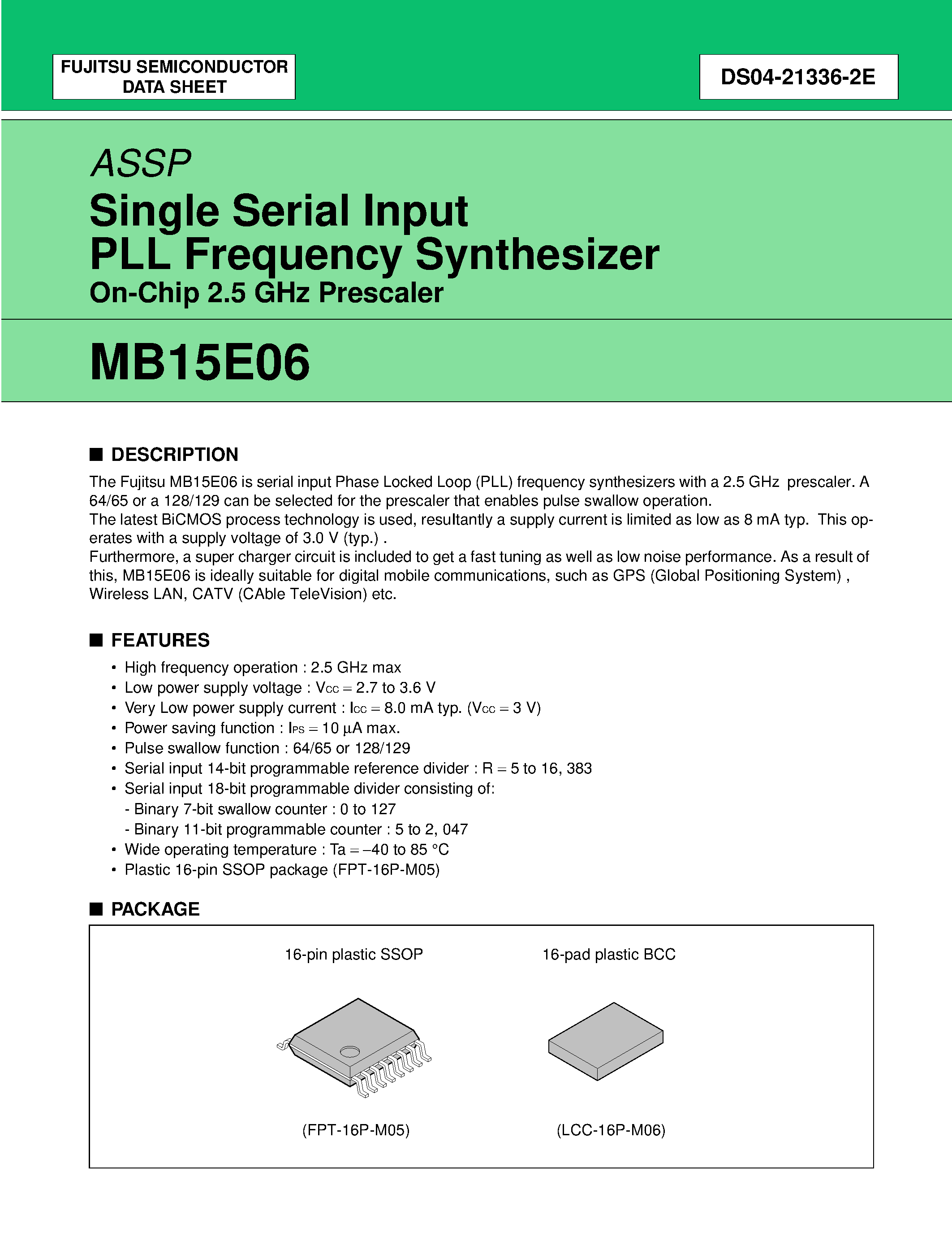 Datasheet MB15E06 - Single Serial Input PLL Frequency Synthesizer On-Chip 2.5 GHz Prescaler page 1