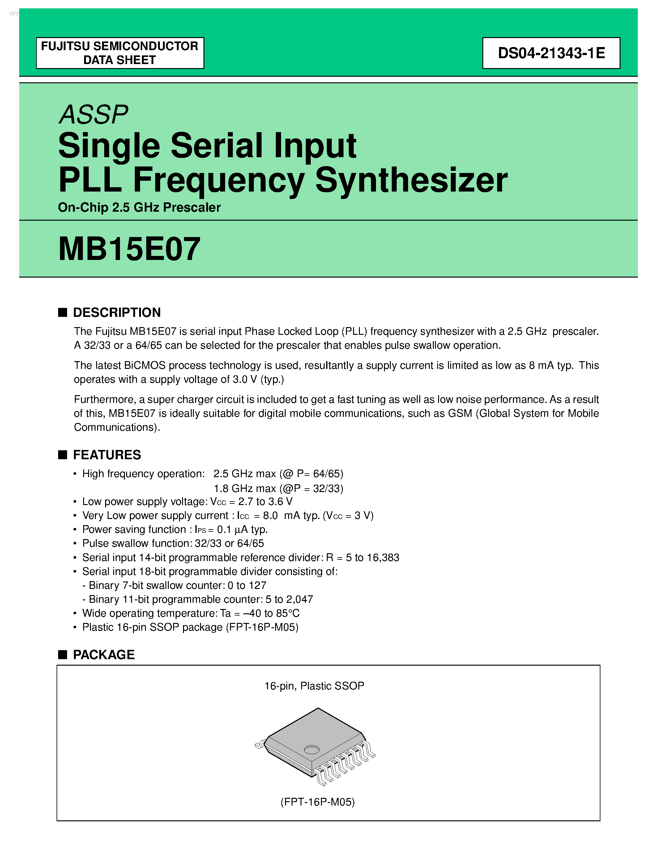 Datasheet MB15E07 - Single Serial Input PLL Frequency Synthesizer On-Chip 2.5 GHz Prescaler page 1