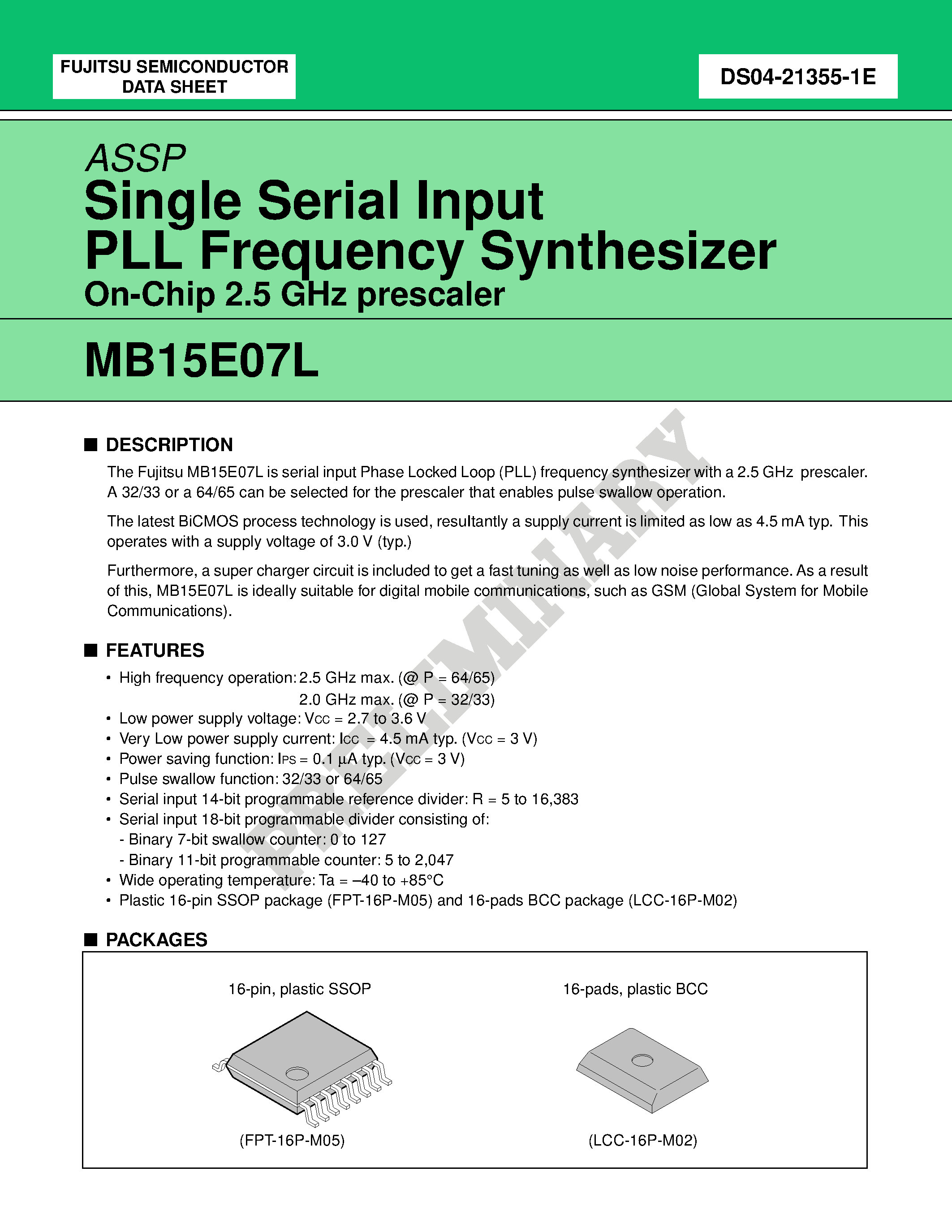 Datasheet MB15E07L - Single Serial Input PLL Frequency Synthesizer On-Chip 2.5 GHz Prescaler page 1