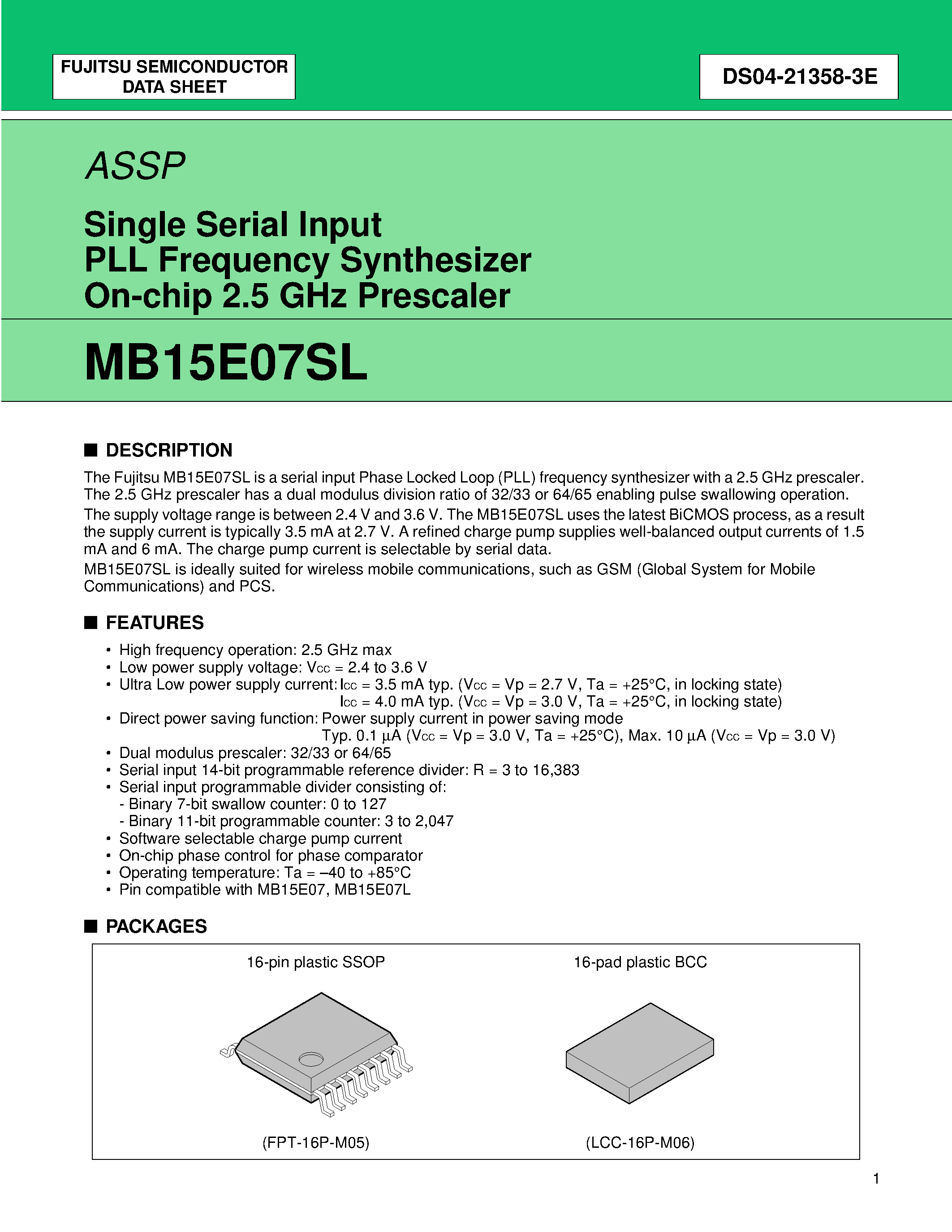 Datasheet MB15E07SL - Single Serial Input PLL Frequency Synthesizer On-Chip 2.5 GHz Prescaler page 1