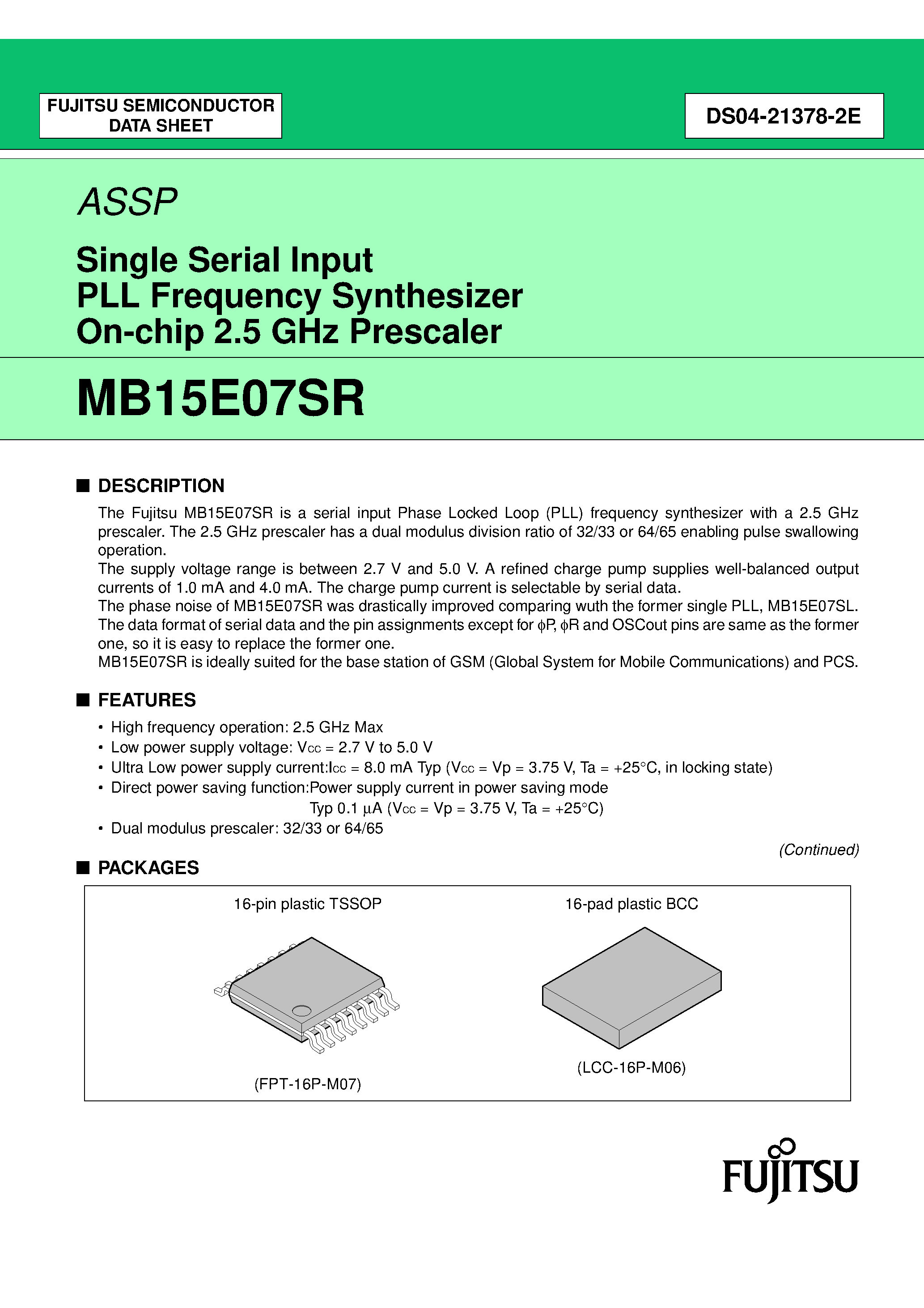 Datasheet MB15E07SR - Single Serial Input PLL Frequency Synthesizer On-chip 2.5 GHz Prescaler page 1