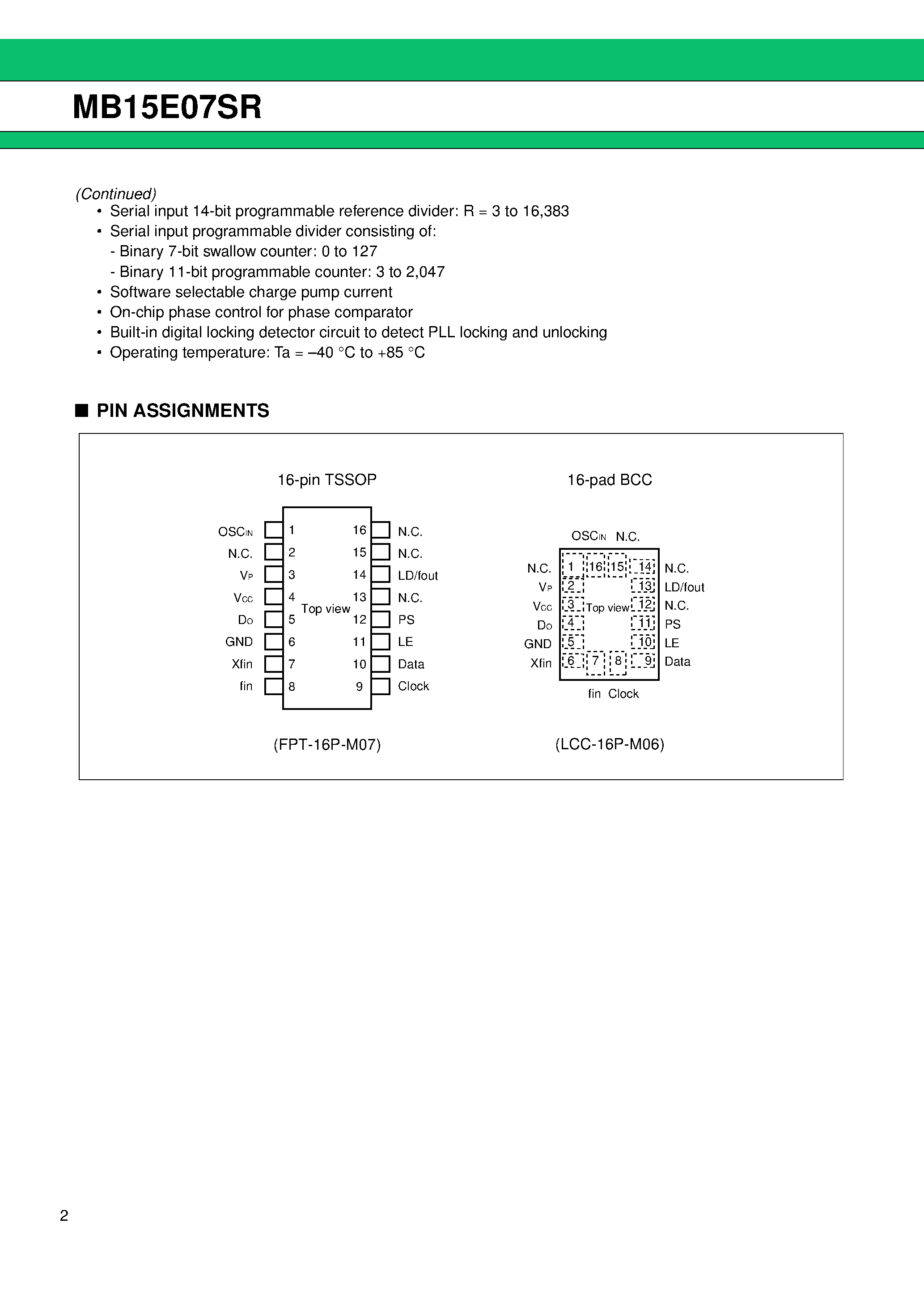 Datasheet MB15E07SR - Single Serial Input PLL Frequency Synthesizer On-chip 2.5 GHz Prescaler page 2