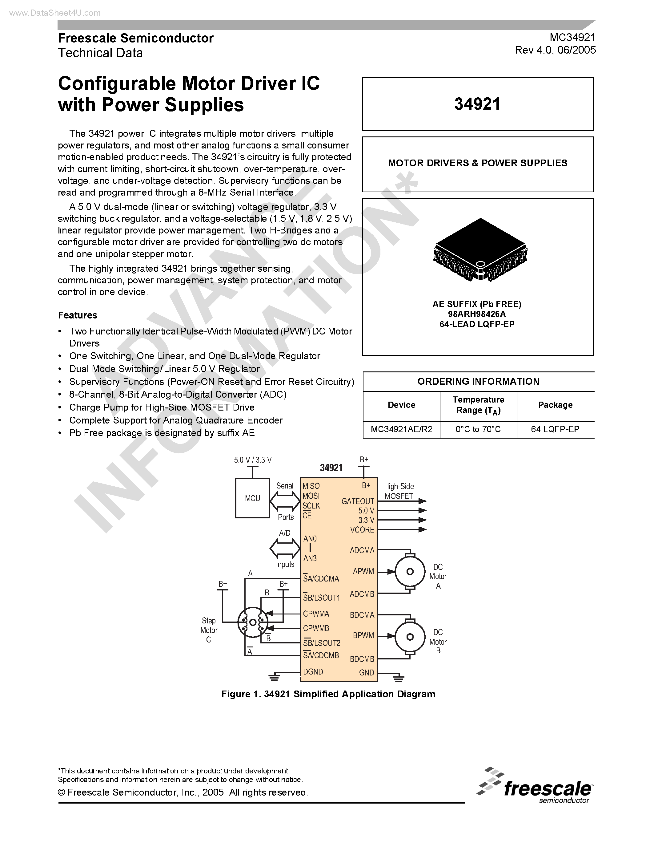 Datasheet MC34921 page 1 Datasheet MC34921 - Configurable Motor Driver IC page 1