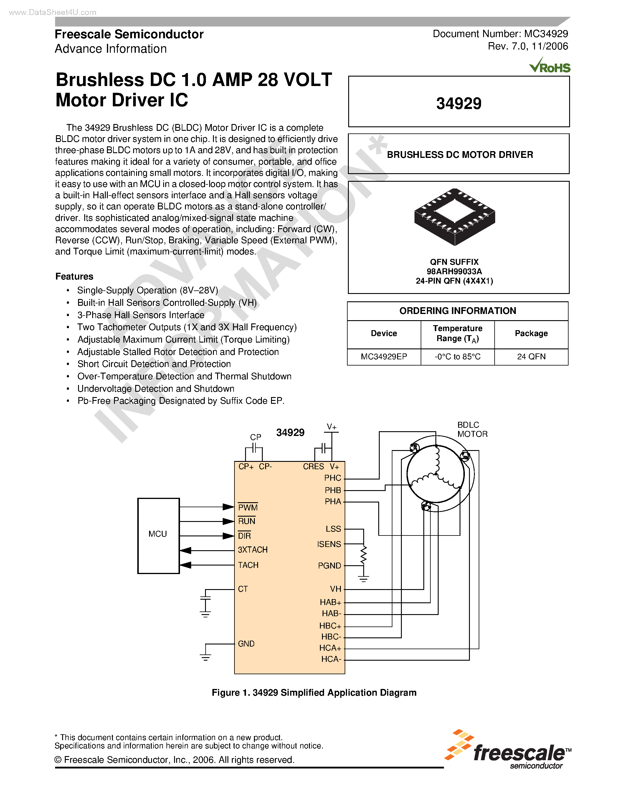 Datasheet MC34929 page 1 Datasheet MC34929 - Brushless DC 1.0 AMP 28 VOLT Motor Driver IC page 1