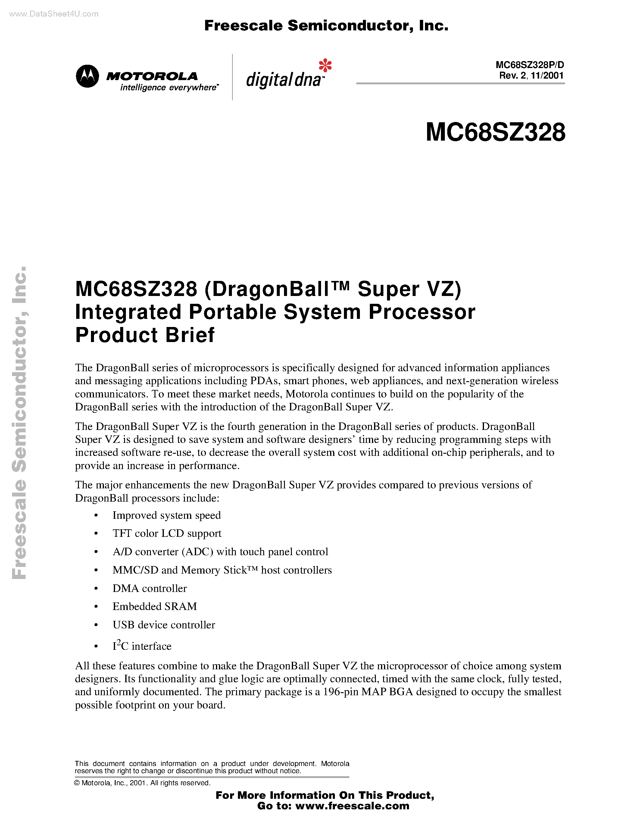 Даташит на микросхему MC68SZ328 страница 1 Даташит MC68SZ328 - Integrated Portable System Processor Product Brief страница 1