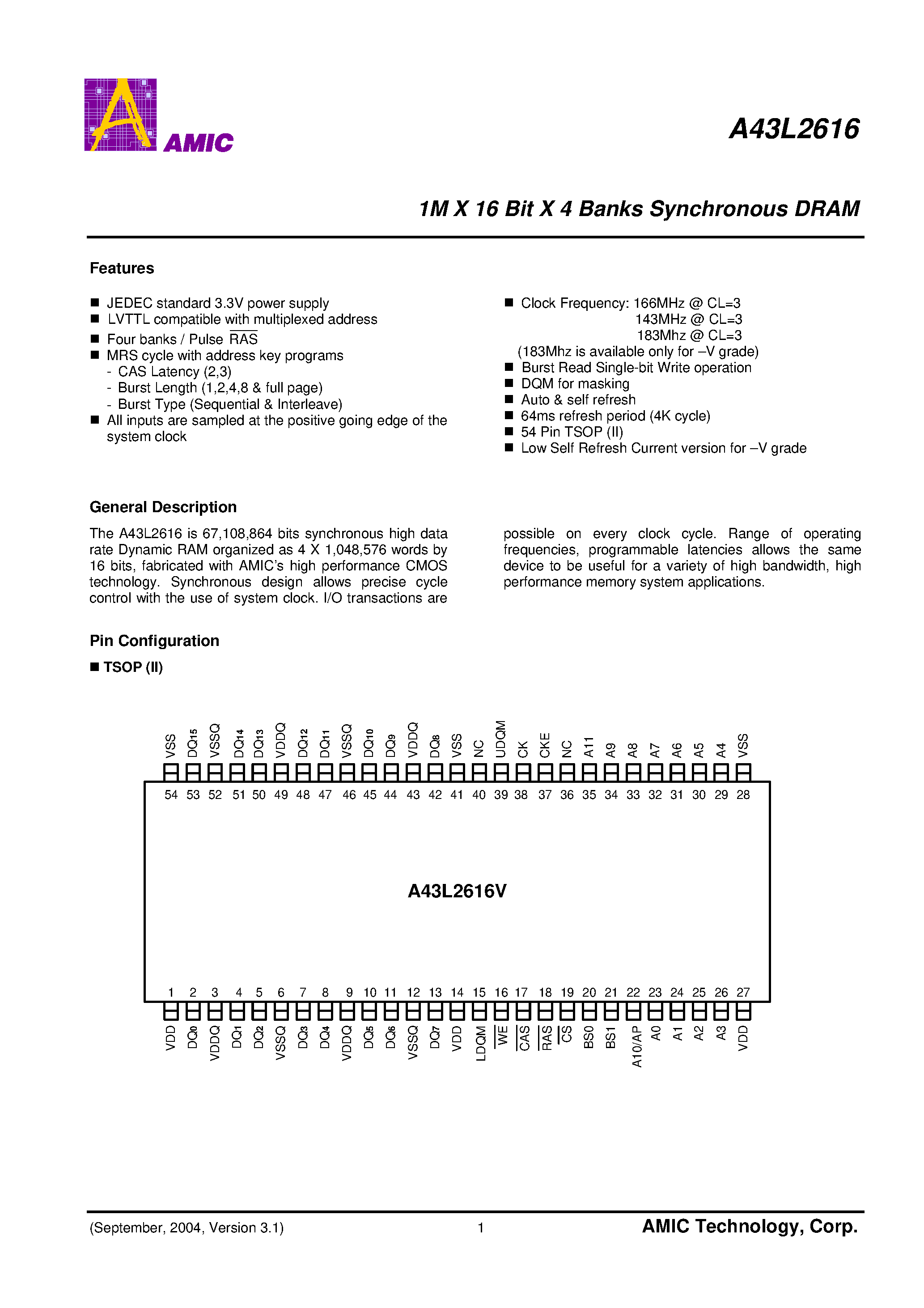 Datasheet A43L2616 - 1M X 16 Bit X 4 Banks Synchronous DRAM page 2