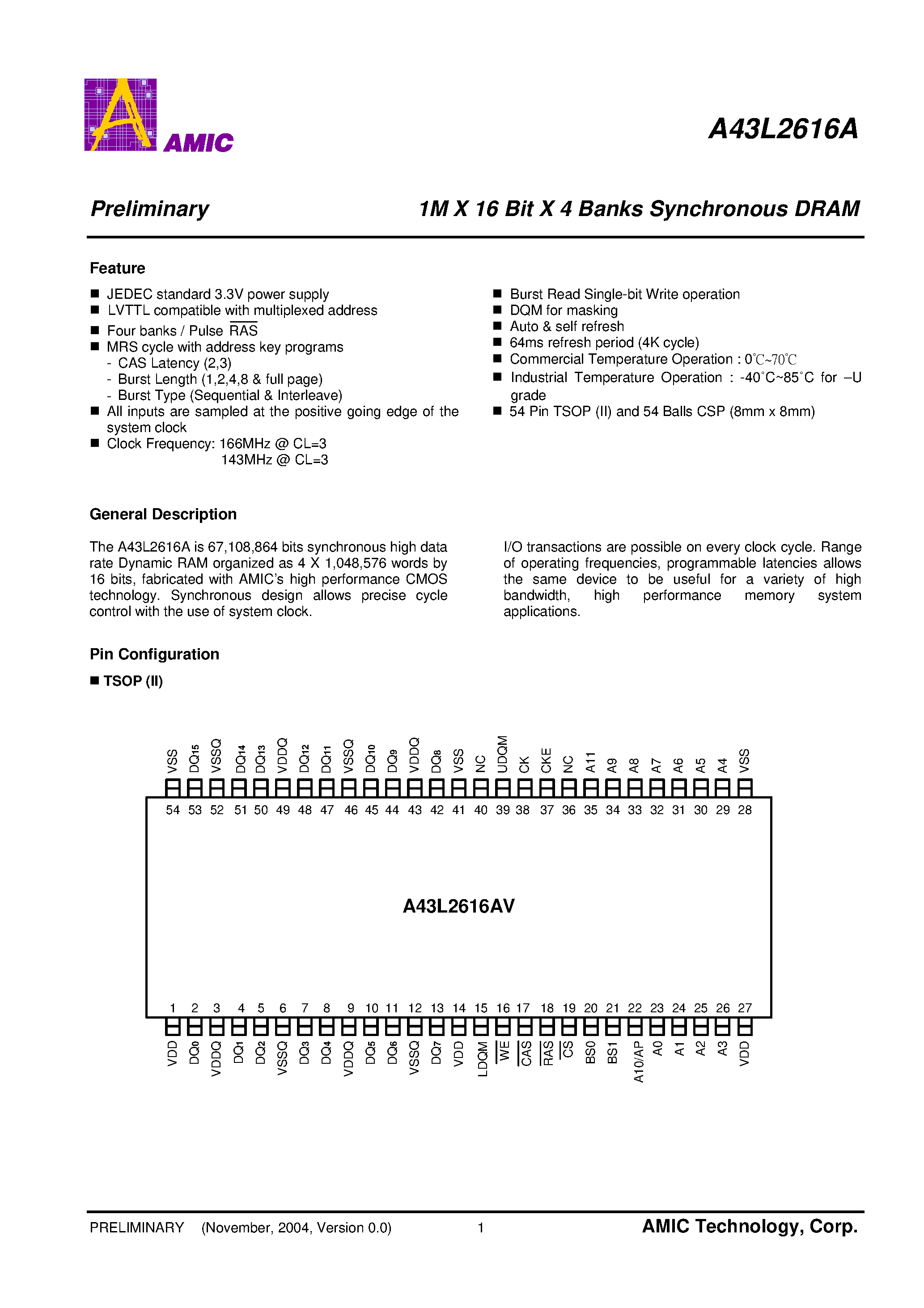 Datasheet A43L2616A page 2 Datasheet A43L2616A - 1M X 16 Bit X 4 Banks Synchronous DRAM page 2