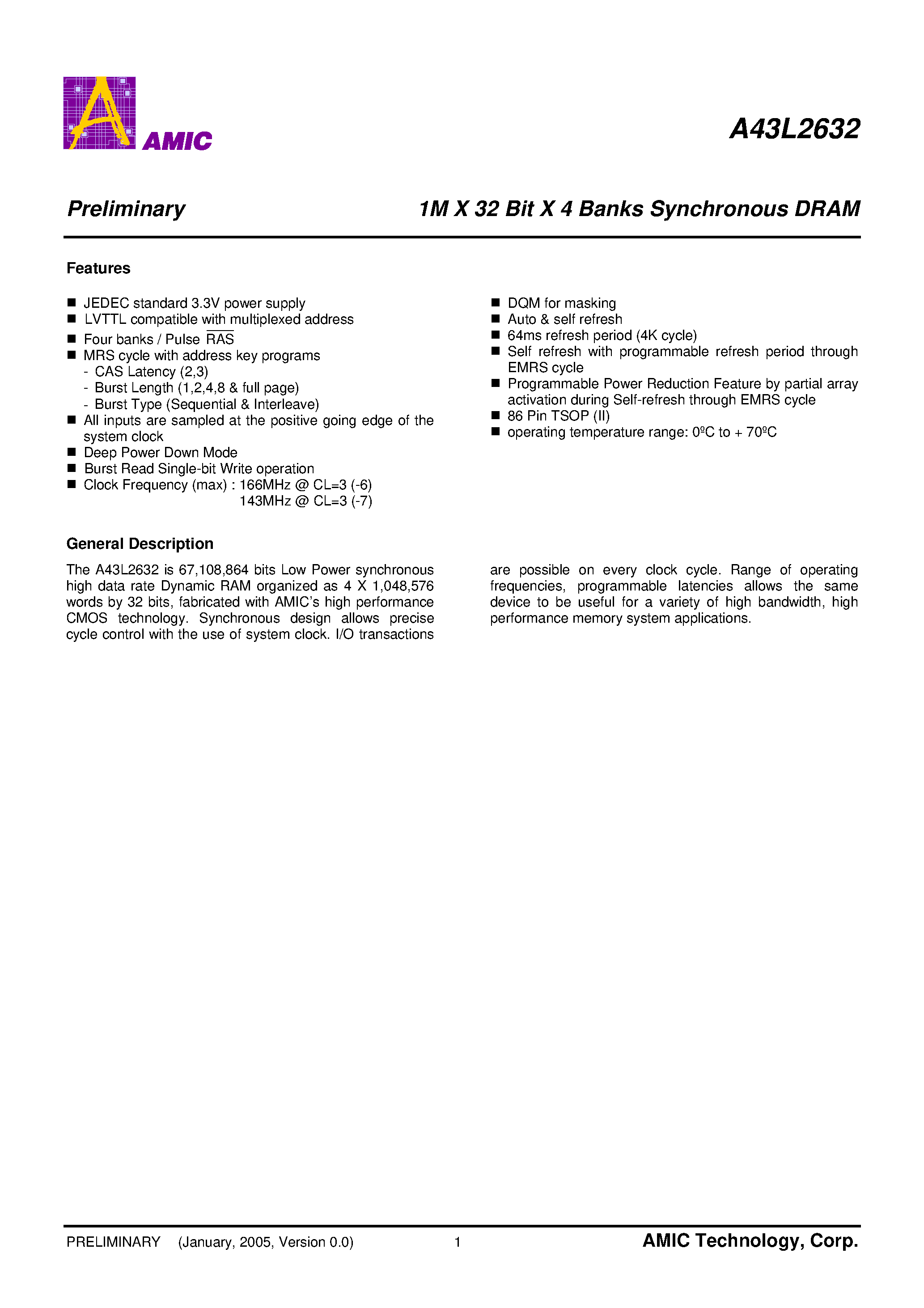 Datasheet A43L2632 - 1M X 32 Bit X 4 Banks Synchronous DRAM page 2