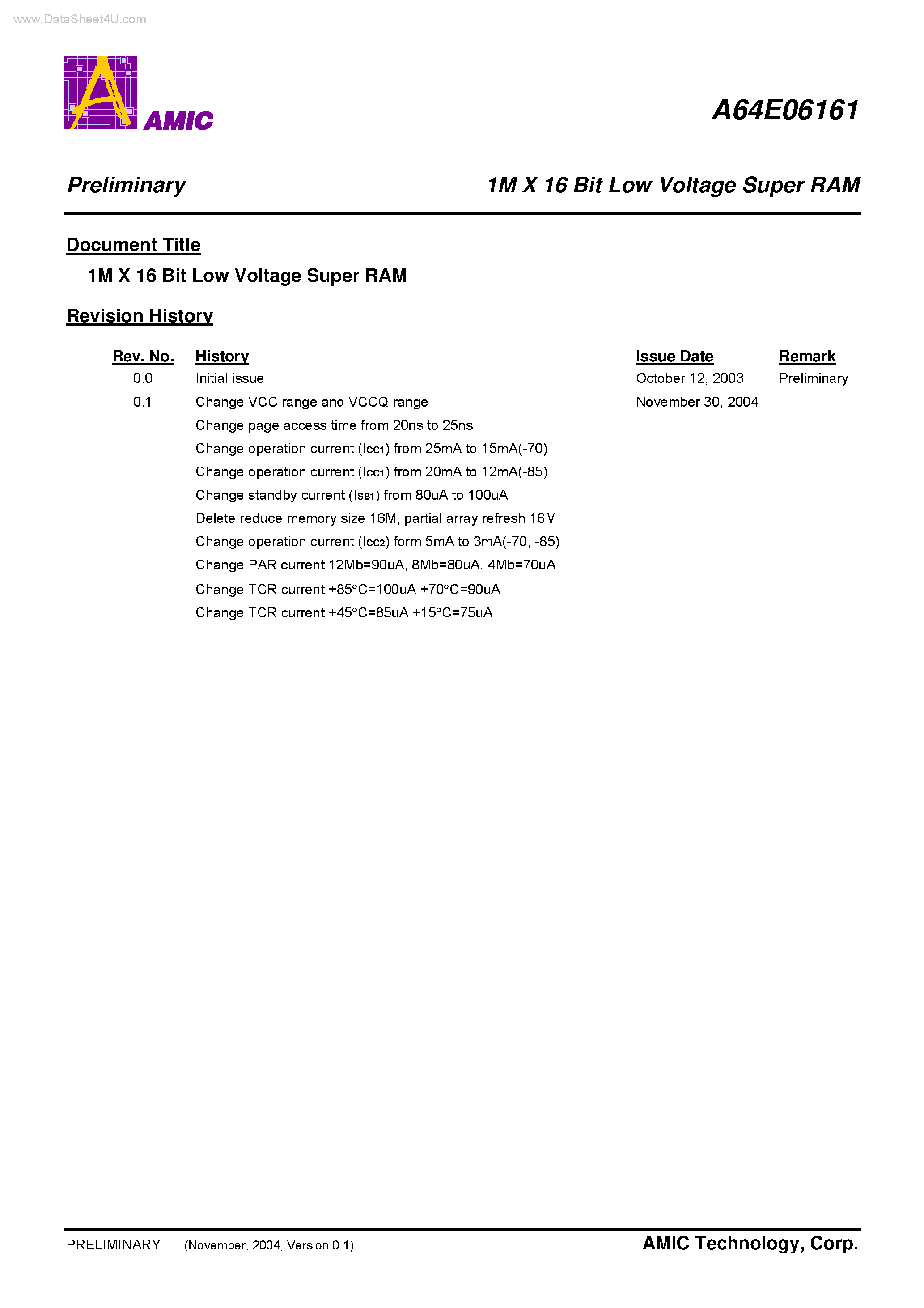 Datasheet A64E06161 - 1M X 16 Bit Low Voltage Super RAM page 1