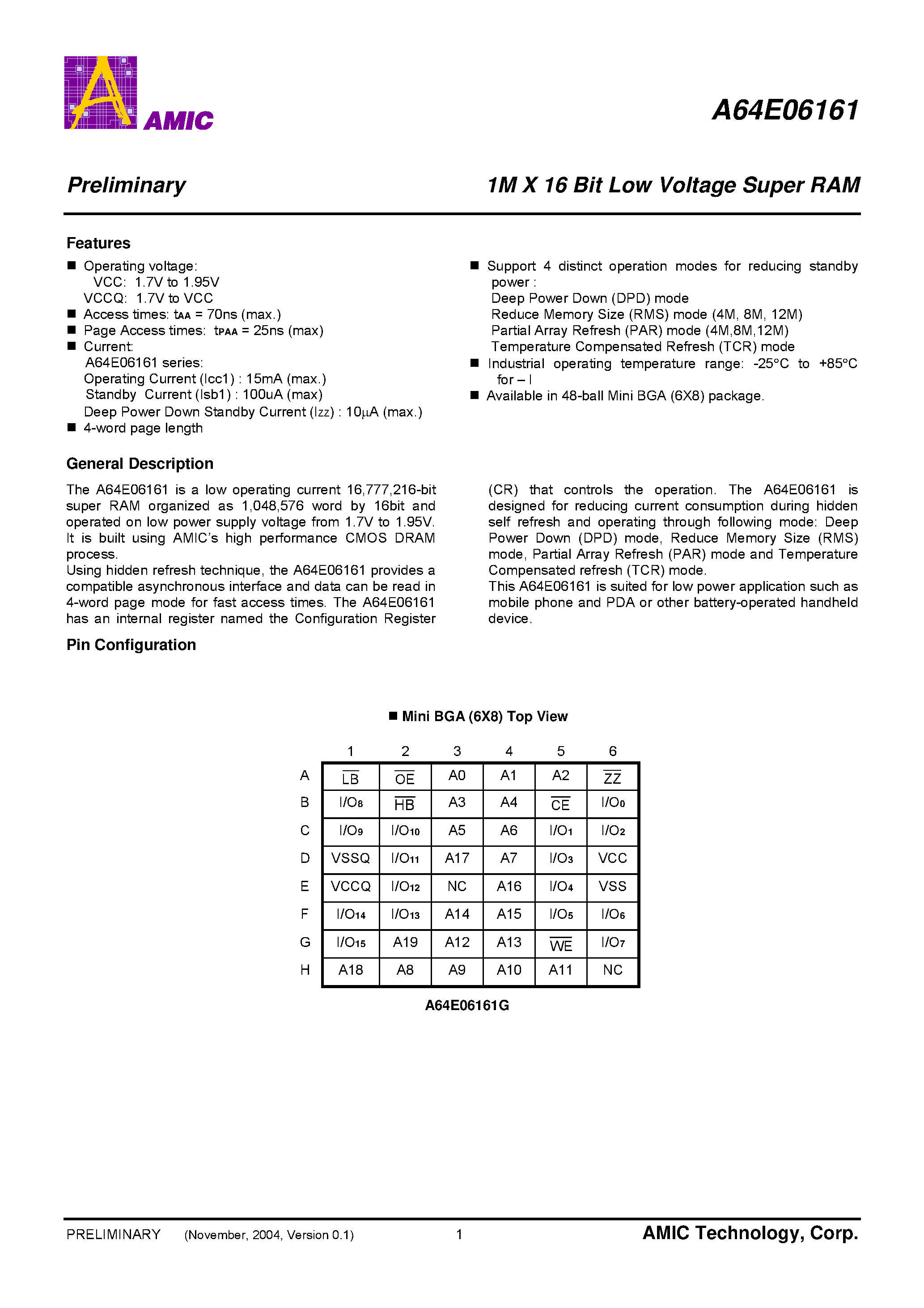 Datasheet A64E06161 - 1M X 16 Bit Low Voltage Super RAM page 2
