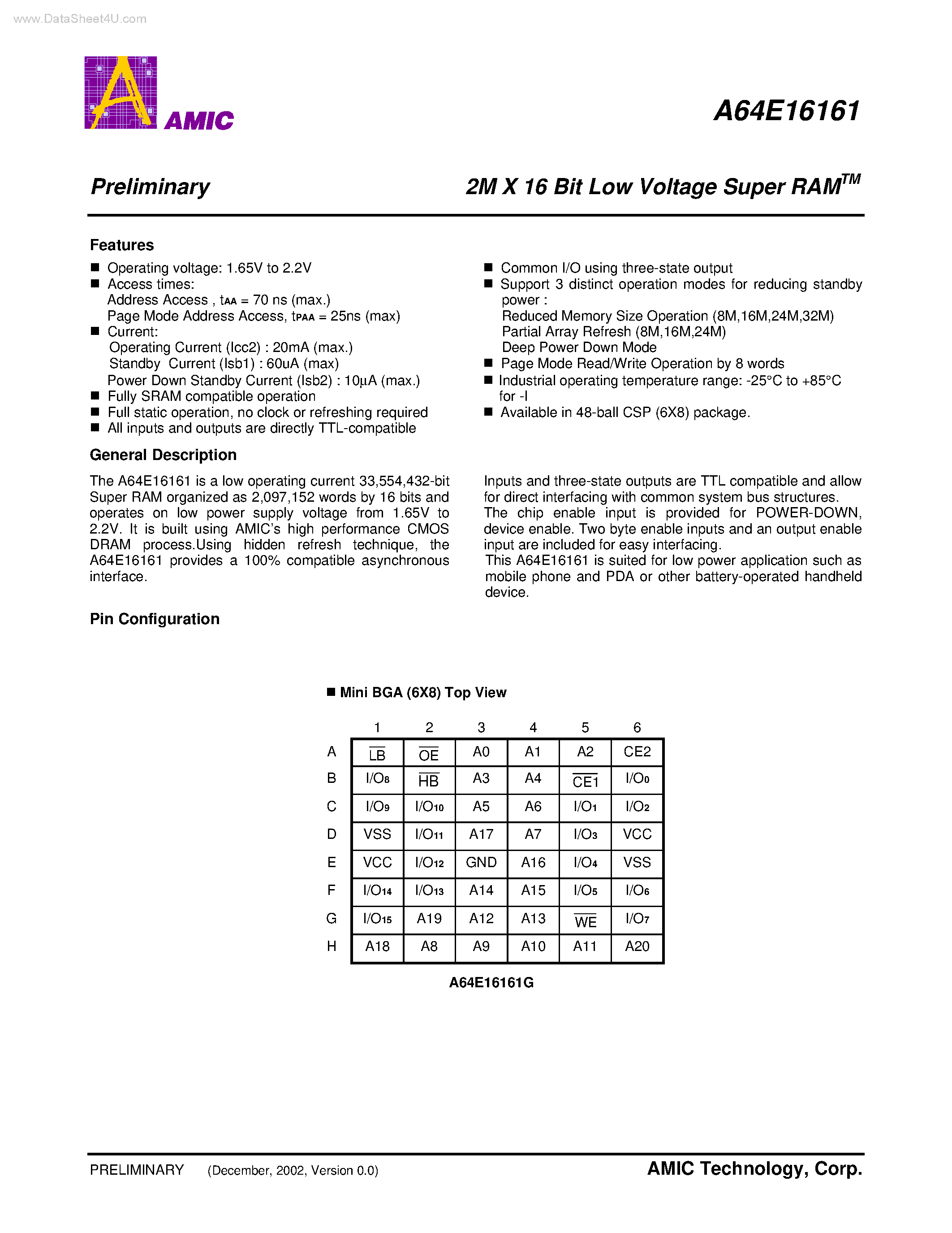 Datasheet A64E16161 - 2M X 16 Bit Low Voltage Super RAM page 1