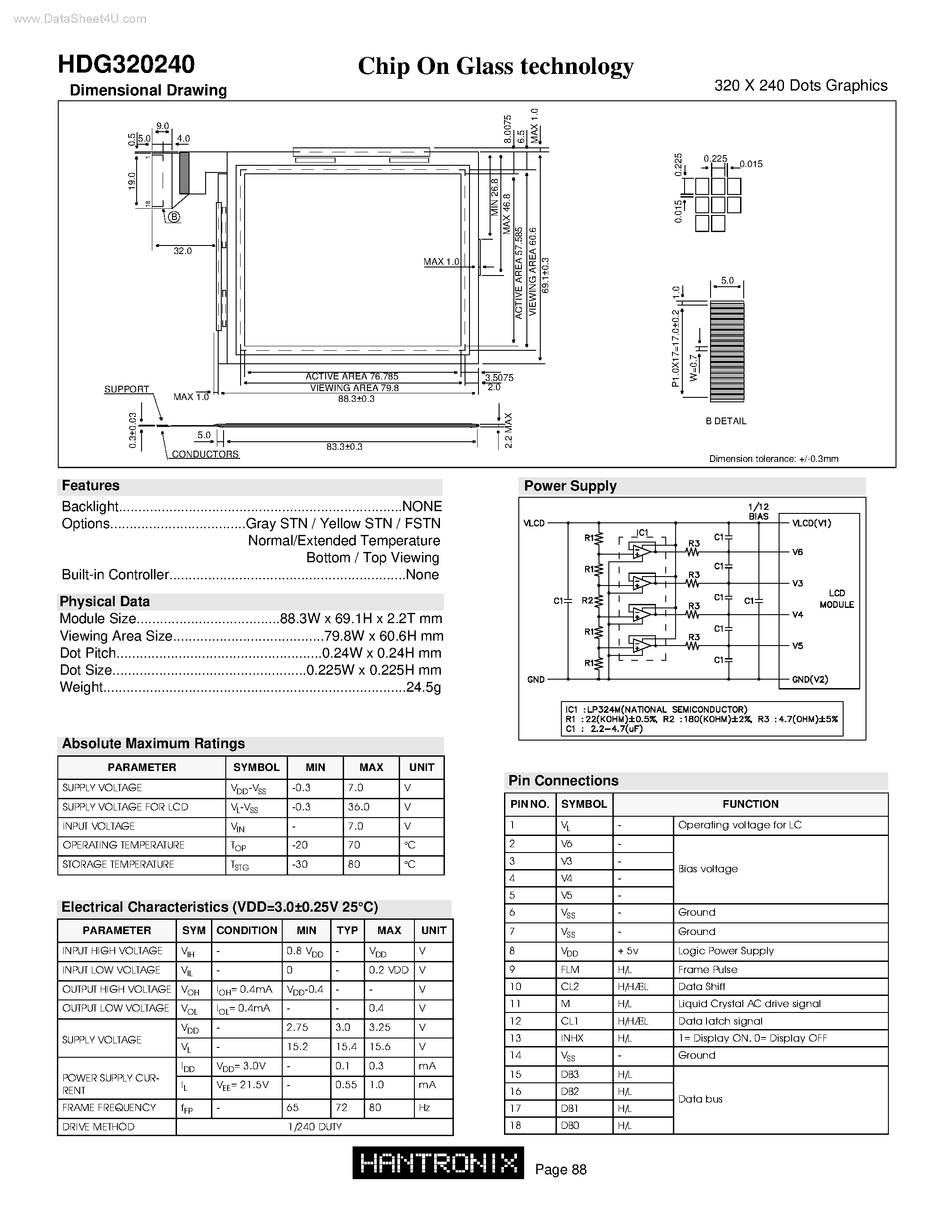 Даташит HDG320240 - Chip On Glass technology 320 X 240 Dots Graphics страница 1