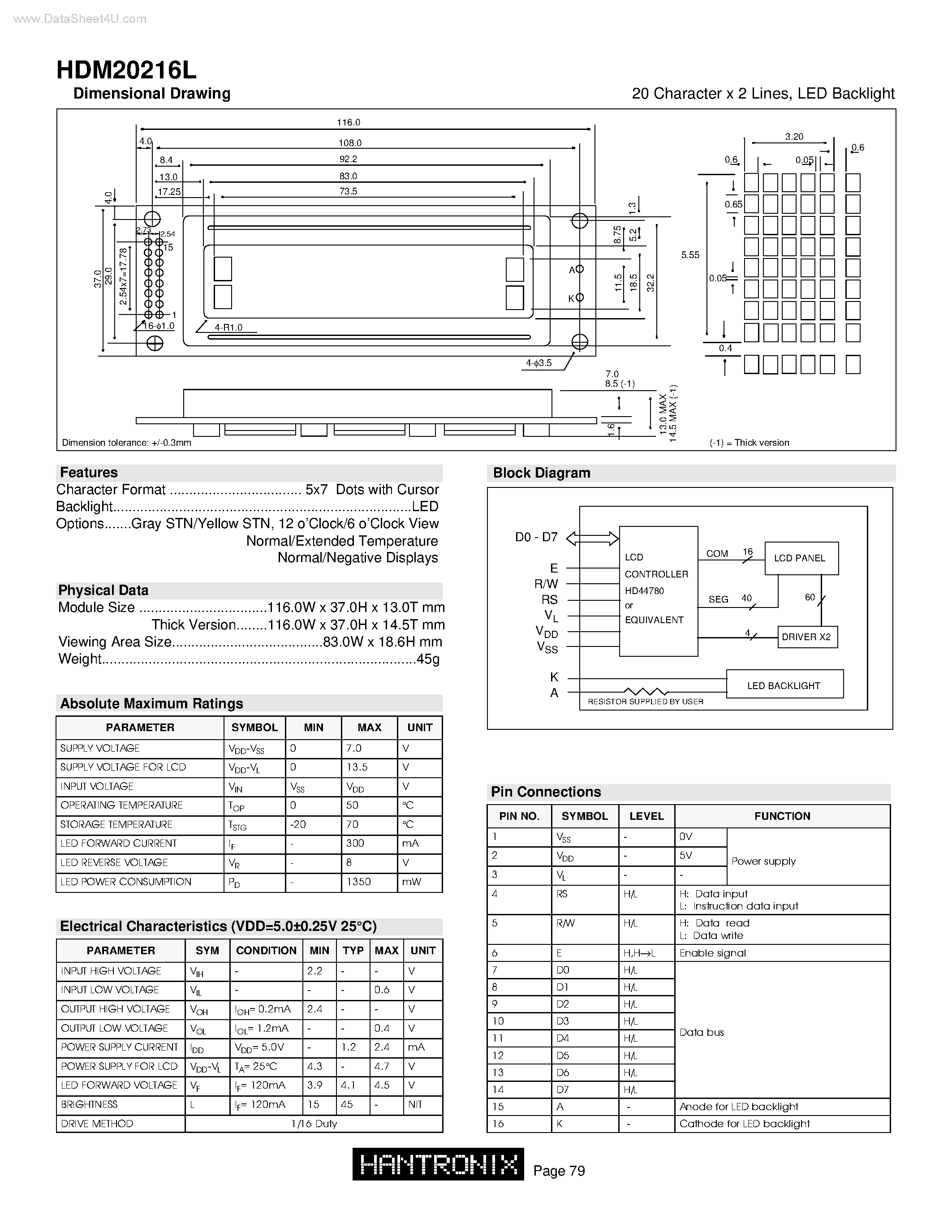 Даташит на микросхему HDM20216L страница 1 Даташит HDM20216L - 20 Character x 2 Lines страница 1