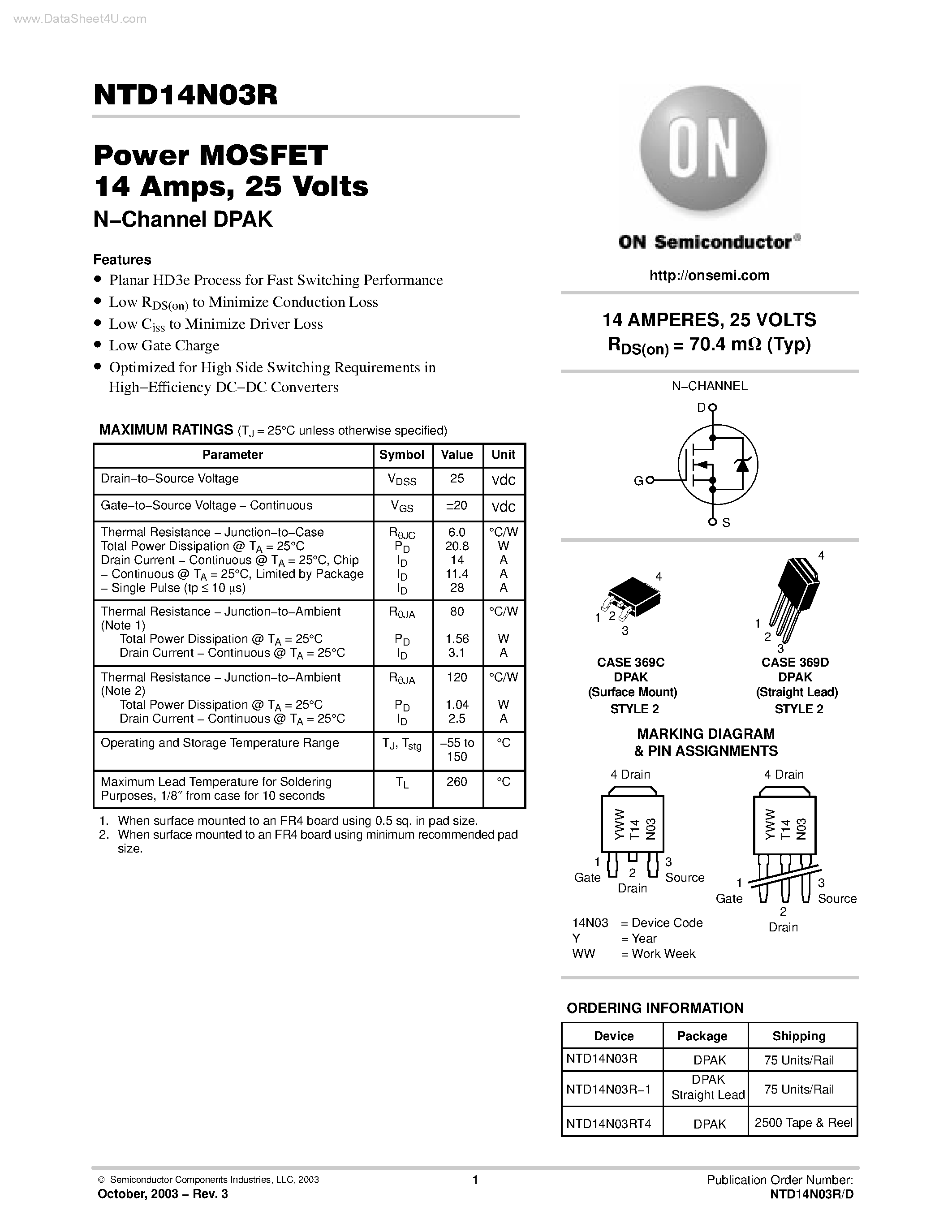 Datasheet NTD14N03R - Power MOSFET 14 Amps N-Channel DPAK page 1