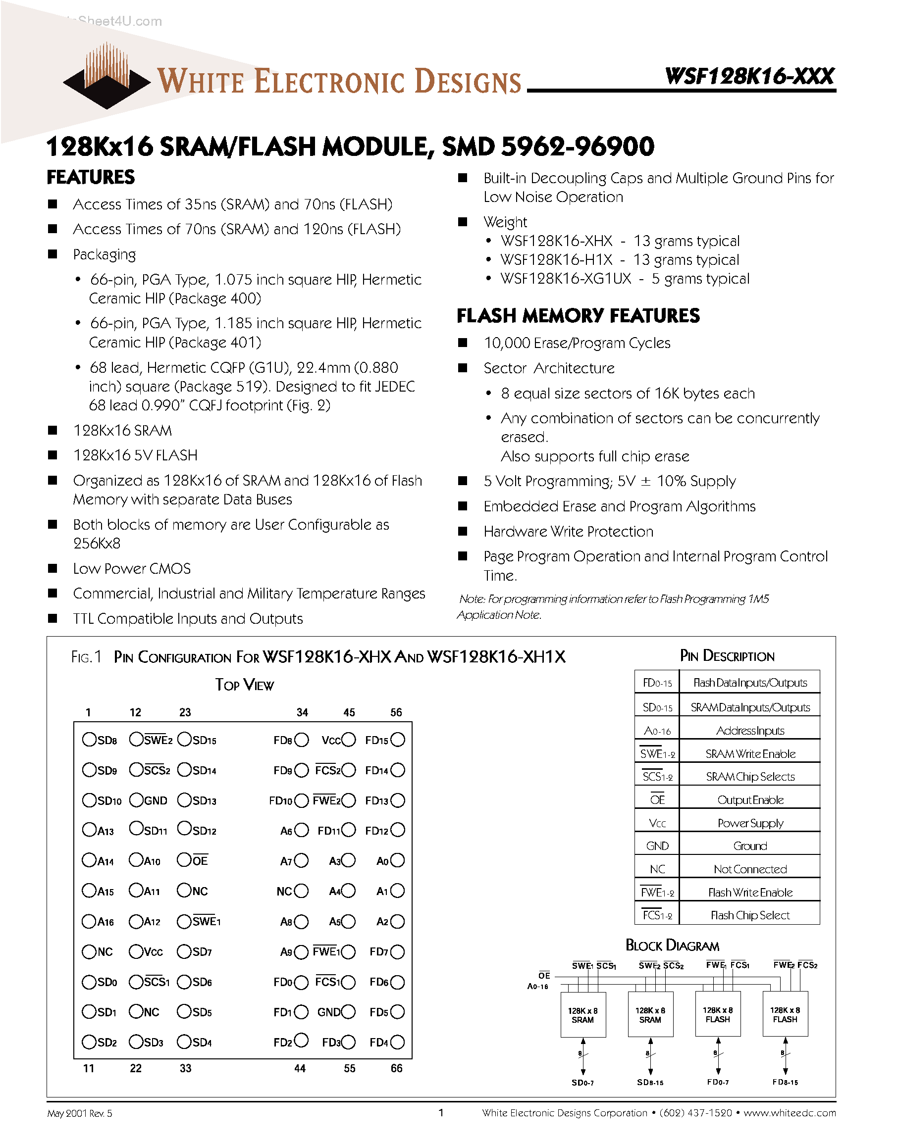 Datasheet WSF128K16-xxx page 1 Datasheet WSF128K16-xxx - 128K X 16 SRAM /FLASH MODULE SMD 5962-96900 page 1