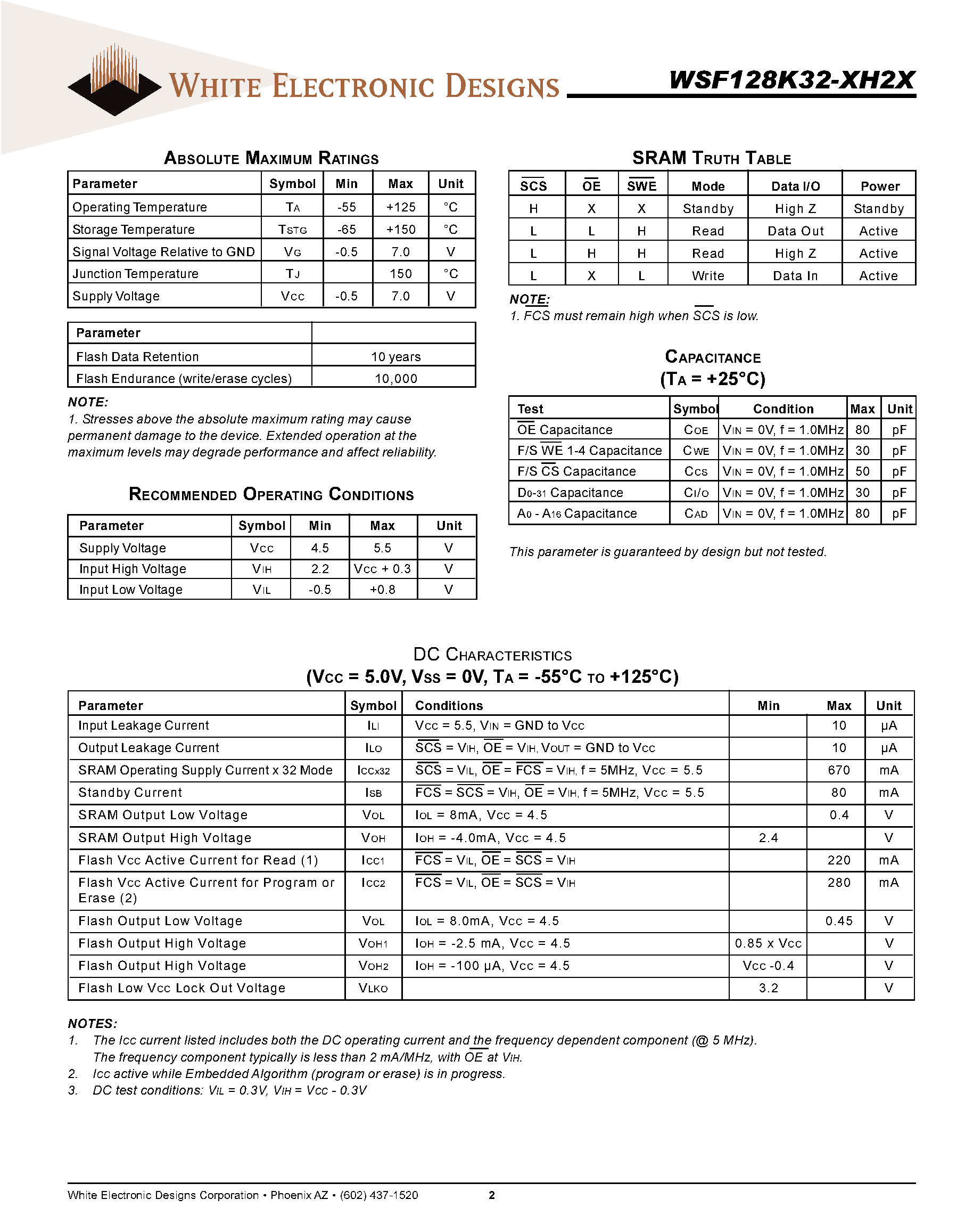 Datasheet WSF128K32-xH2x - 128K x 32 SRAM/FLASH MODULE page 2