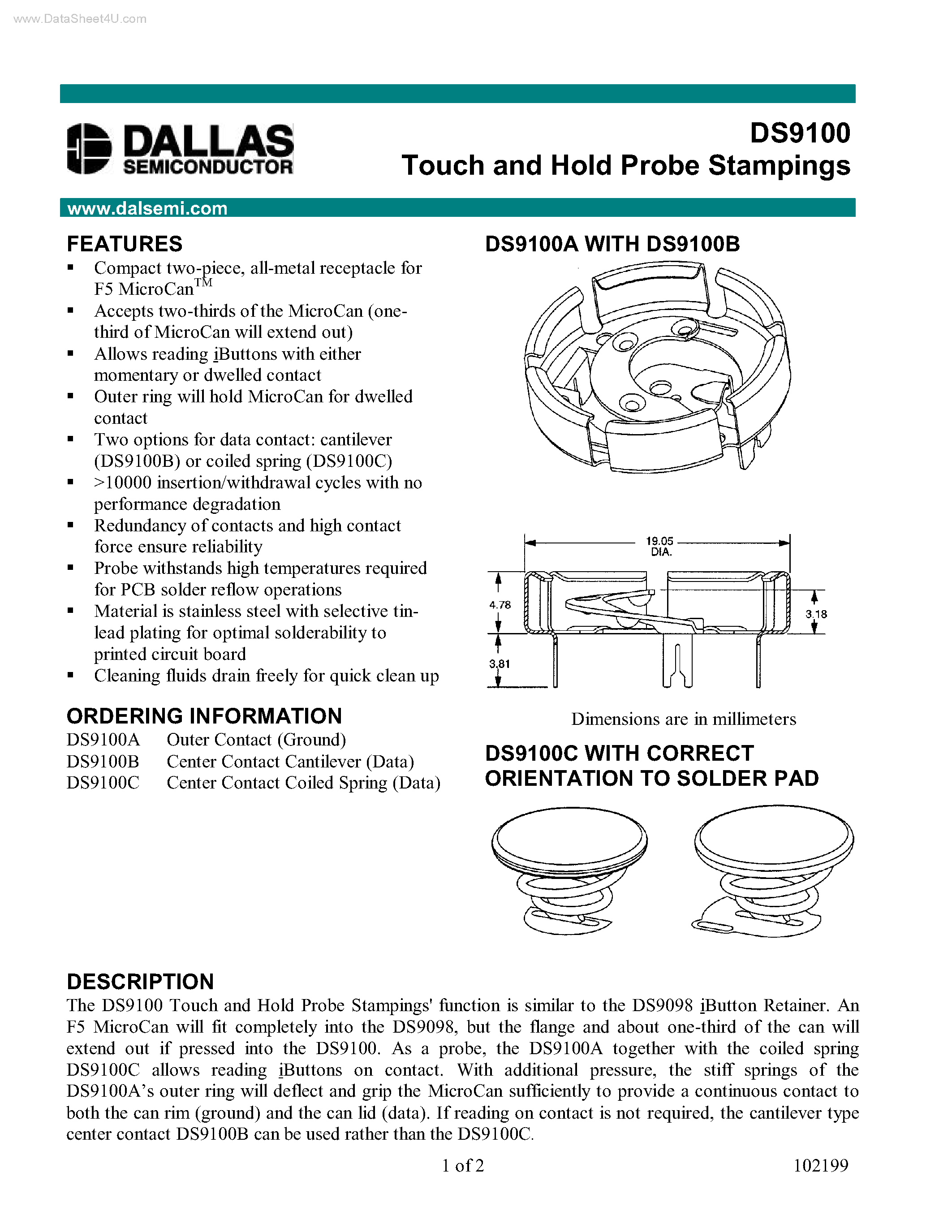 Datasheet DS9100 - Touch and Hold Probe Stampings page 1